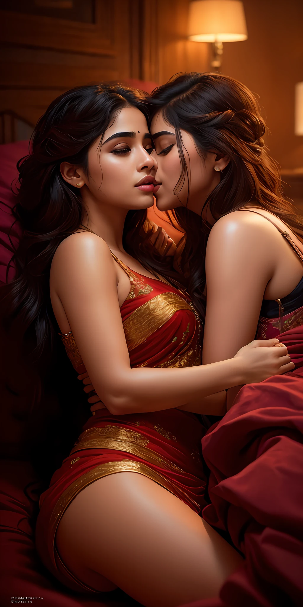 Janhvi Kapoor and Sara Ali Khan Indian actress, gift wrapped, ribbon outfit, in bed, on lap, desparate to kiss, in missionary position, looking each other passionately, face to face, caressing, ((slim, petite)), photorealistic, photo, masterpiece, realistic, realism, photorealism, high contrast, photorealistic digital art trending on Artstation 8k HD high definition detailed realistic, detailed, skin texture, hyper detailed, realistic skin texture, armature, best quality, ultra high res, (photorealistic:1.4),, high resolution, detailed, raw photo, sharp re, by lee jeffries nikon d850 film stock photograph 4 kodak portra 400 camera f1.6 lens rich colors hyper realistic lifelike texture dramatic lighting unrealengine trending on artstation cinestill 800,
