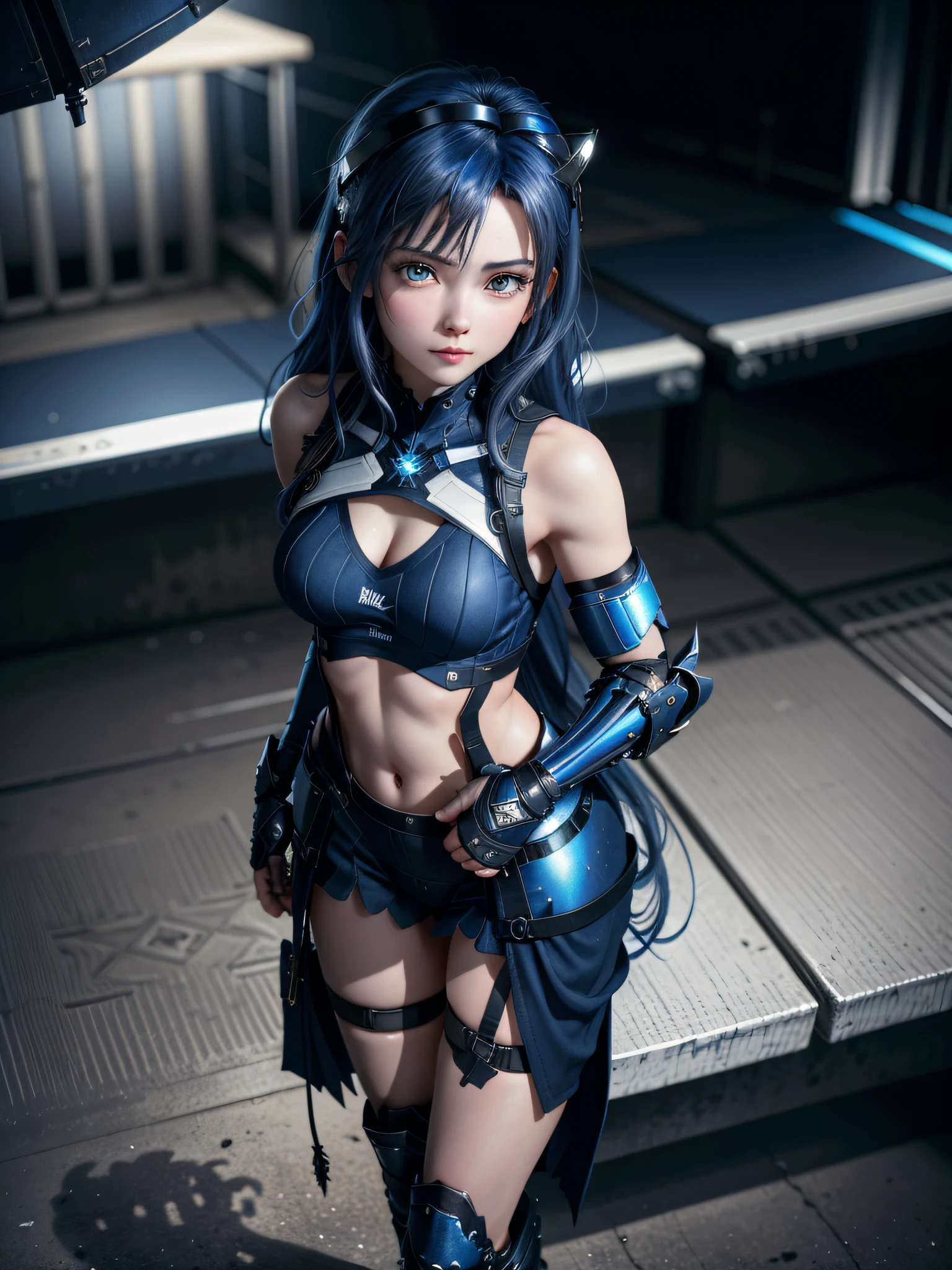 Absurd resolution, high resolution, (masterpiece: 1.4), super detailed, girl alone, from above, space, floating, blue-haired girl, full body figure, small size breasts, sparkling blue color eyes, pilot suit in metallic tone white and blue and black color, tight fit clothes, clothes covering the whole body, beauty, slim body, exoskeleton, direct pose, white and blue and black metal armor, heroine, headset, boots