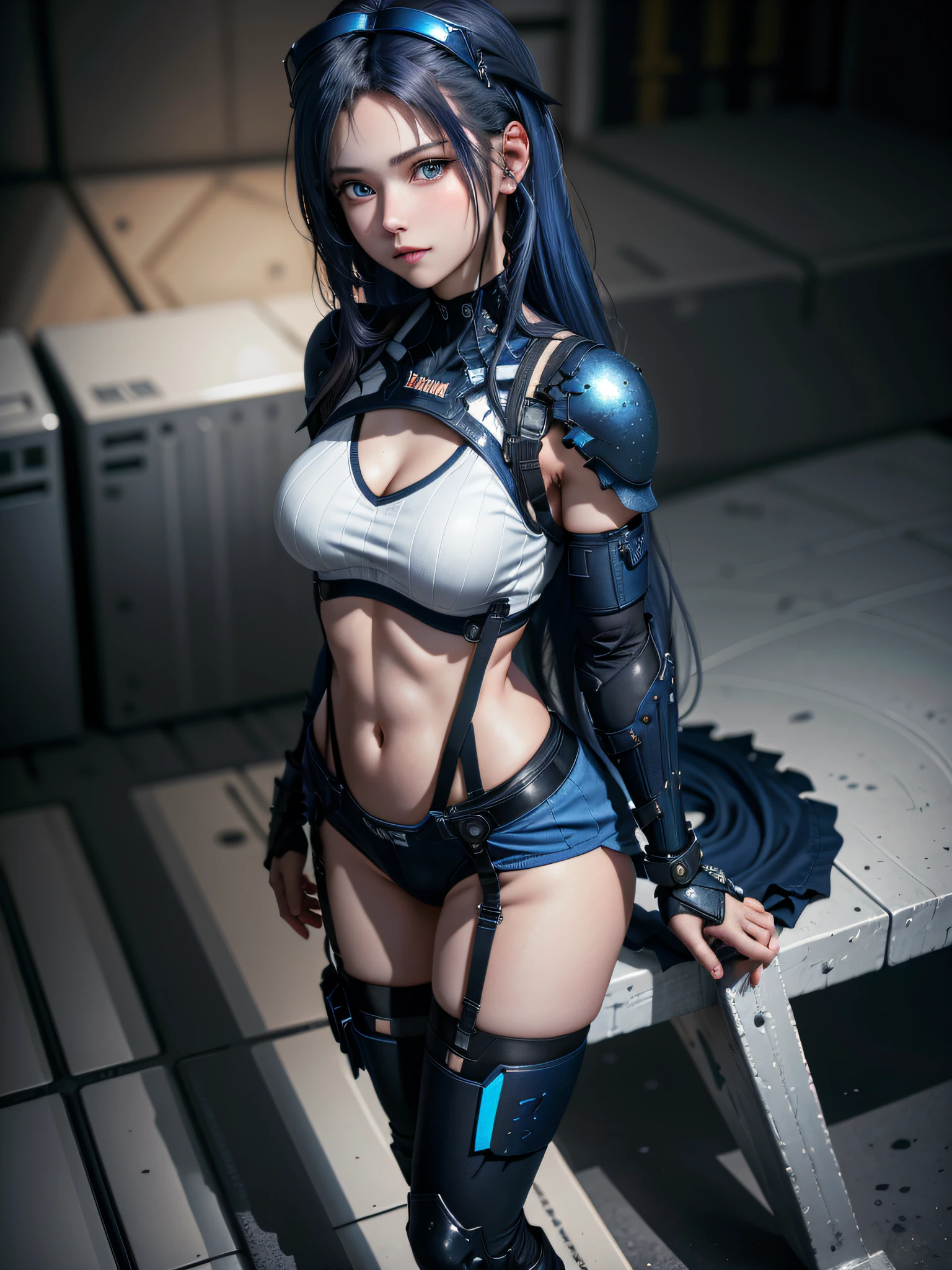 Absurd resolution, high resolution, (masterpiece: 1.4), super detailed, girl alone, from above, space, floating, blue-haired girl, full body figure, small size breasts, sparkling blue color eyes, pilot suit in metallic tone white and blue and black color, tight fit clothes, clothes covering the whole body, beauty, slim body, exoskeleton, direct pose, white and blue and black metal armor, heroine, headset, boots