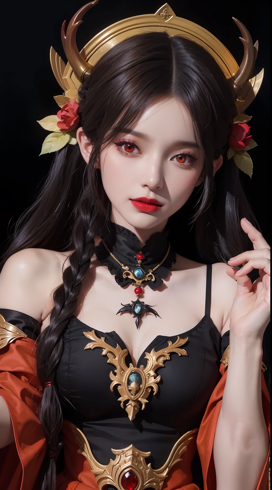 1 beautiful devil woman from hell, In the Dark: 1.6), surreal female portrait by David Hockney and Alphonse Mucha, fantasy art, korea doll, photorealism, dynamic lighting, artstation, poster, volumetric lighting, very detailed faces, 8k ultra, Awarded, in the dark, deep shadow, low key, cowboy lens, (Red phoenix dress: 1.4), long hair, black hair, bust, luxurious palace, Royal style, devil crown, red eyes make up very sharp and detailed, The most beautiful face, big and regular breasts, Super realistic, chinese women's clothing, polo neck sweater, Charming smile, The eyes are very well made up, guweiz, devil style, loong, wearing black mesh socks, upper body, 2 bangs braided hair, Red lips, Devil tattoo on shoulder, wearing a thin red and black robe, the landscape is overcast and thunderous, Portrait,