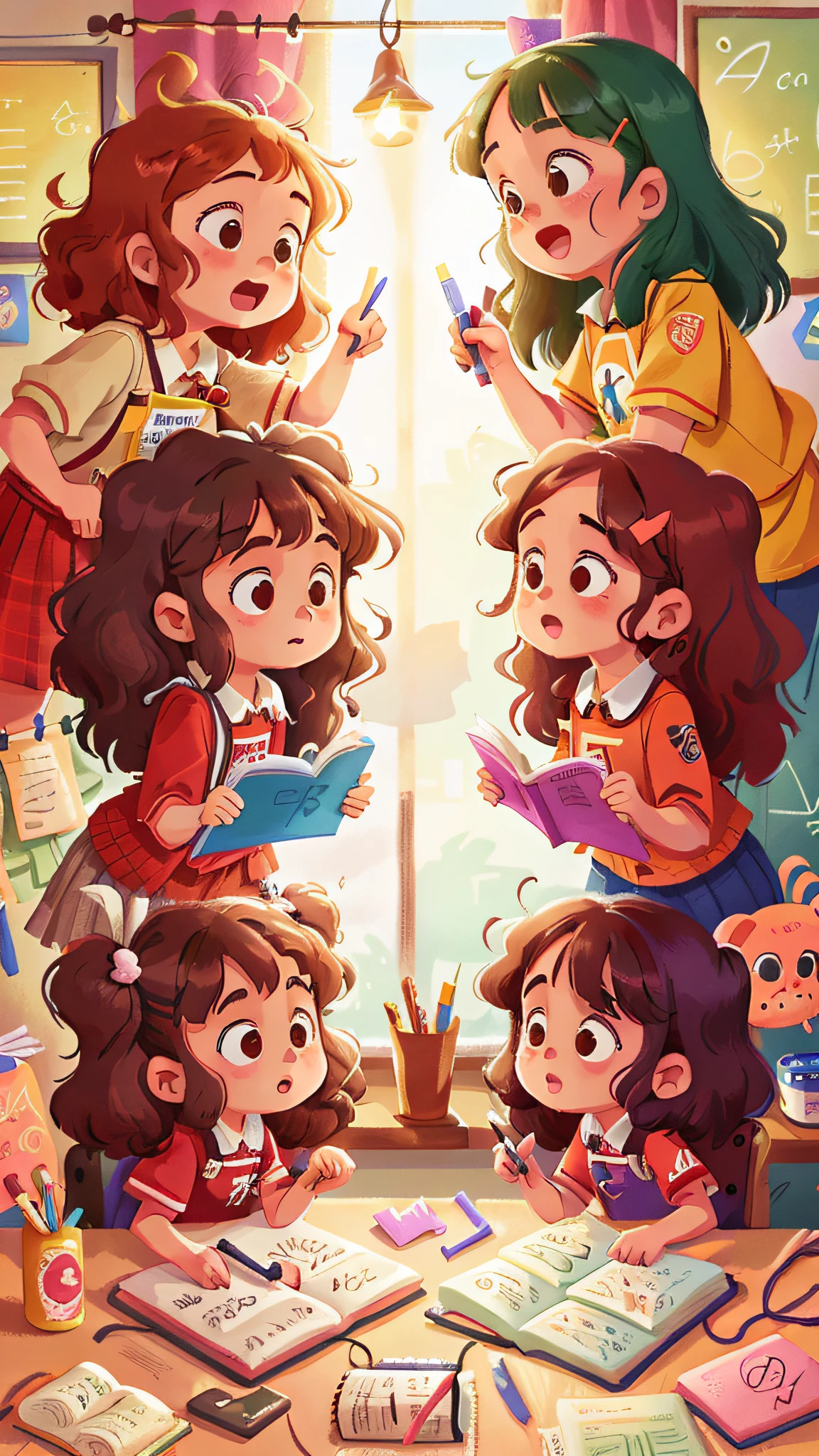 Two girls, twins, curly brown hair, in the classroom writing on the board