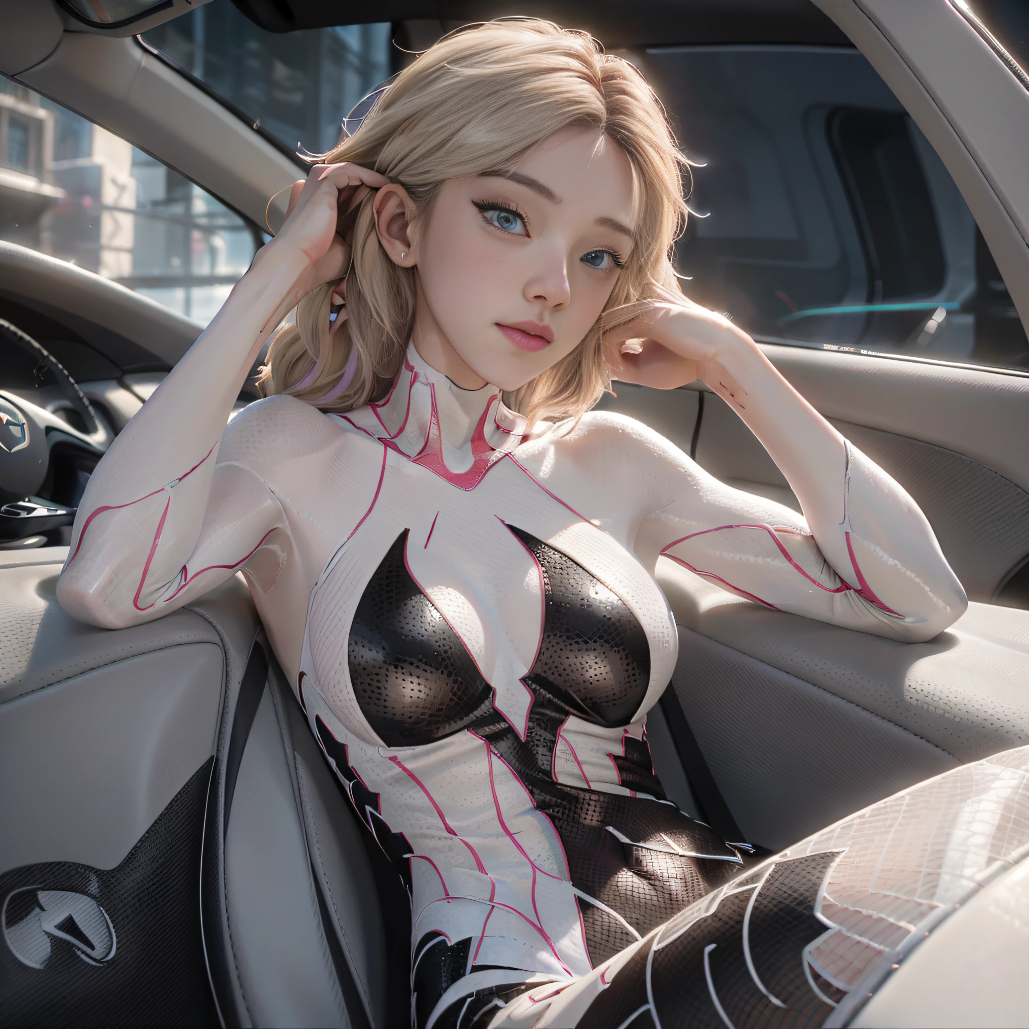 (masterpiece), (best quality), 8k resolution, ultra-detailed, hyper-detailed, realistic, photograph, photorealism, (1girl), sitting in the car, beautiful girl, Gwen Stacy, spider gwen, stunning beauty, stand, cool pose, sexy, cinematic light