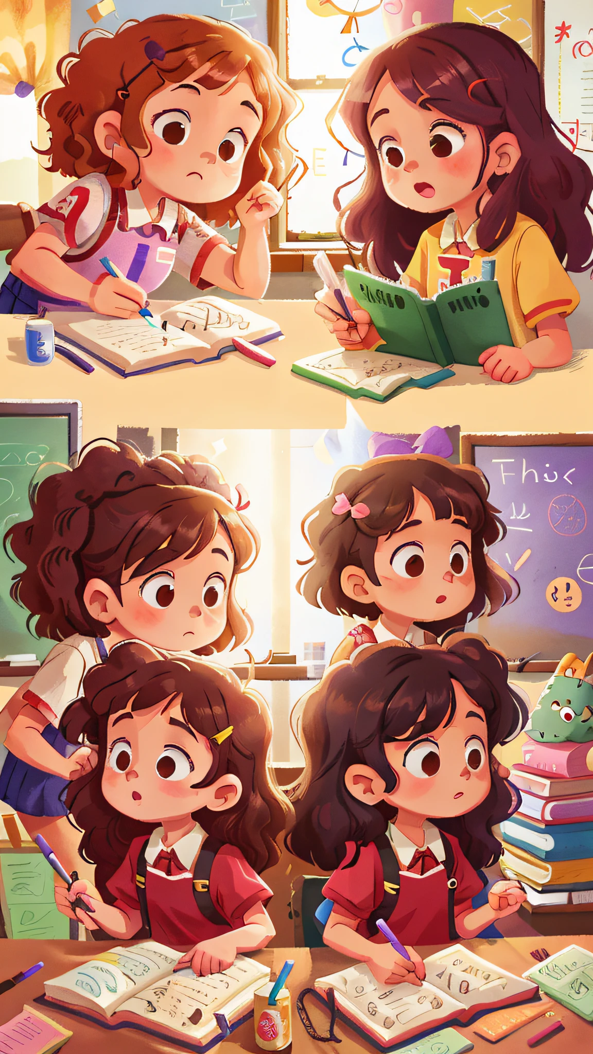 Two girls, twins, curly brown hair, in the classroom writing on the board