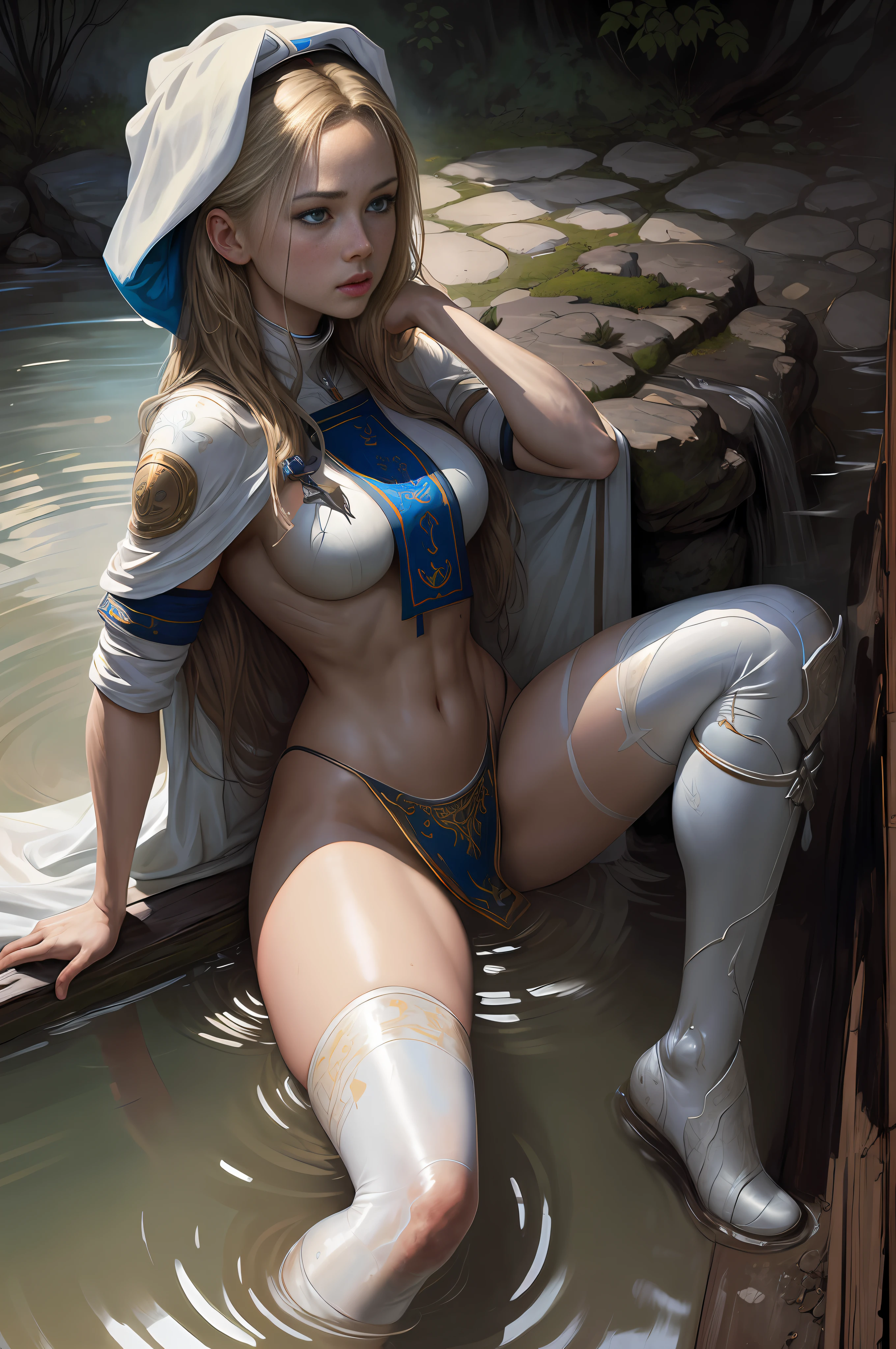 masterpiece, realistic, realism, photorealism, high contrast, photorealistic digital art trending on Artstation 8k HD high definition detailed realistic, young beautiful woman, ite, very small perky breasts, ((blue eyes)), blonde knee long hair, tight white boots, white knee high socks, (no head gear:1.5), ((priestess)), parted lips, art by artgerm and ruan jia and greg rutkowski surreal painting, detailed, skin texture, hyper-detailed, realistic skin texture, side view, garden, lying in a hot spring, forest, clear water, head down, flustered, drenched