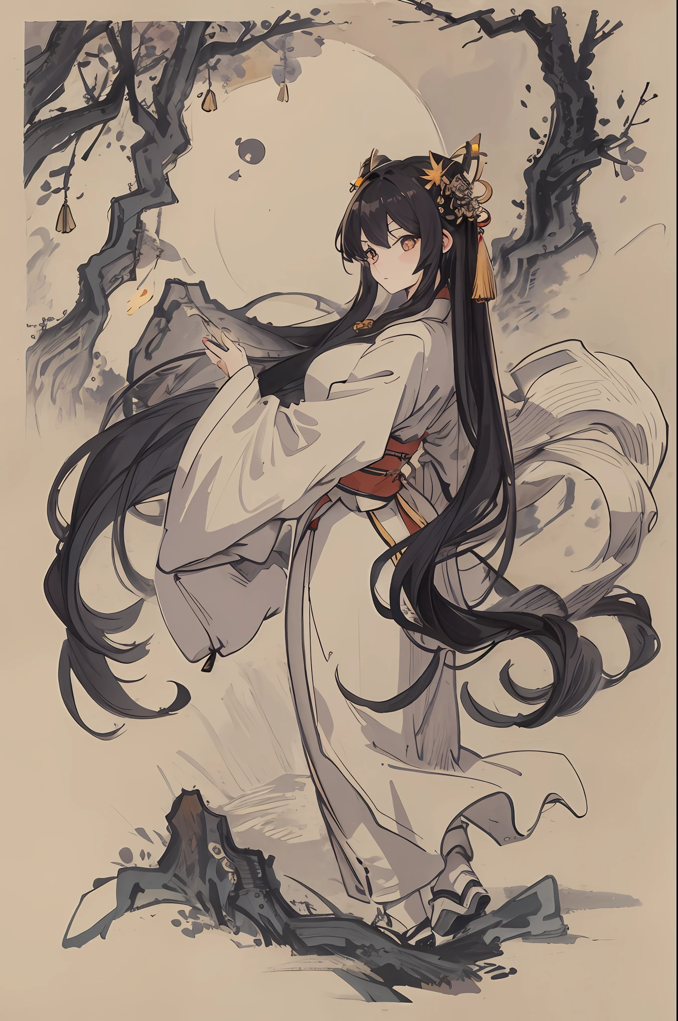 masterpiece, top quality, night, hill, clouds, full moon, long hair, woman, ancient china, silhouette, firefly.