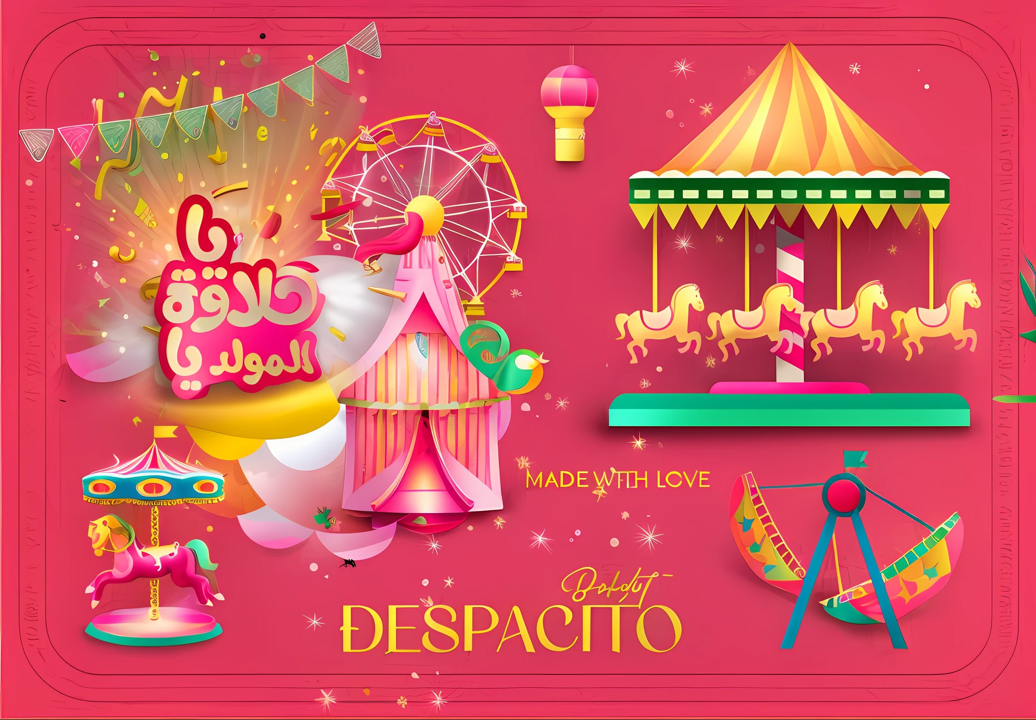 a close up of a carnival with a carousel, carousel, and a ferris wheel, despacito, made with illustrator, decopunk, decora inspired illustrations, inspired by Serafino De Tivoli, full card design, created in adobe illustrator, an amusement park in old egypt, made in adobe illustrator, official print, inspired by Bernardo Daddi, sticker design,light pink background