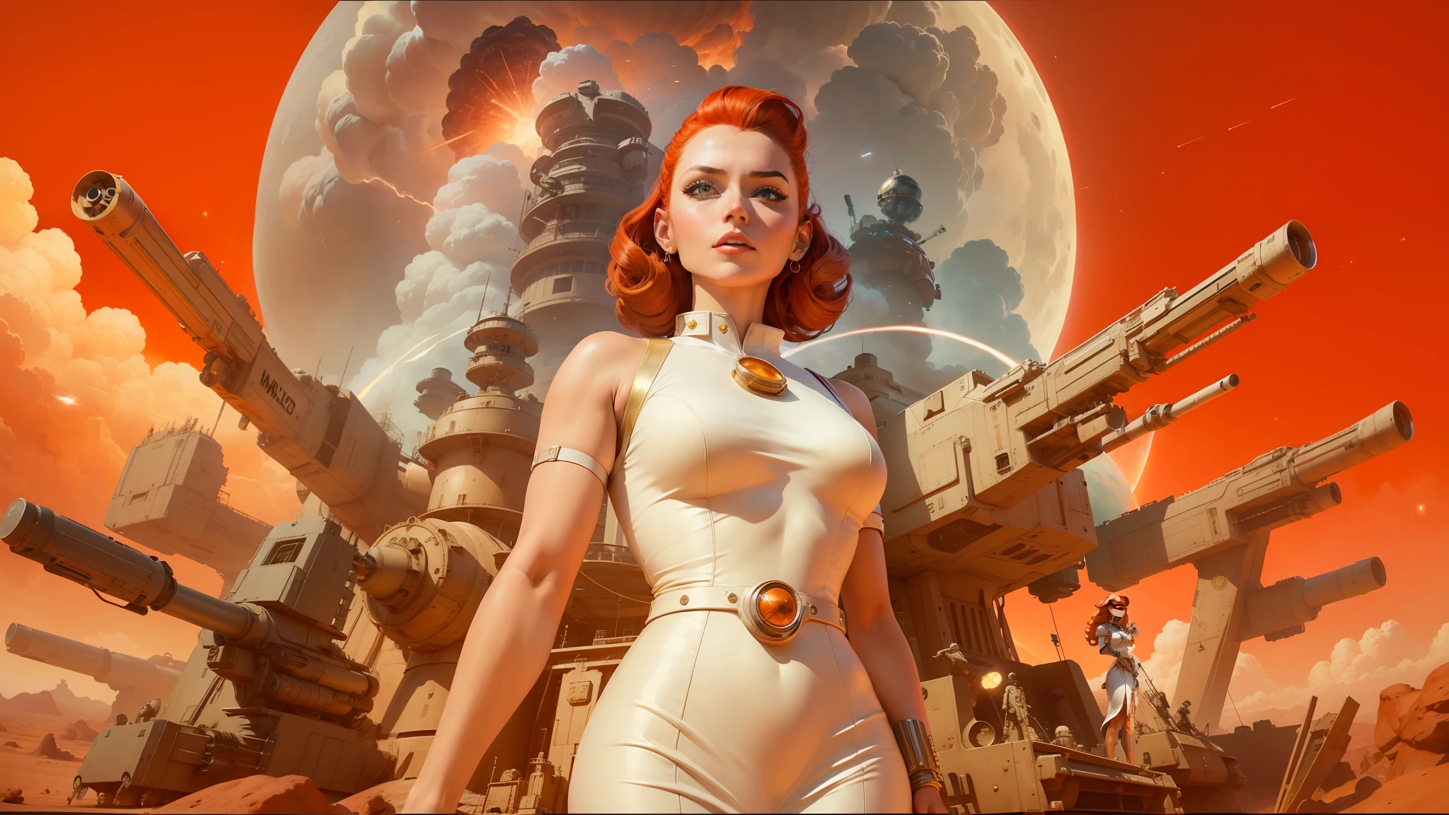 arafed image of a woman in a white dress standing in front of a bunch of guns, retrofuturistic science fantasy, youtube thumbnail, art depicting control freak, redhead woman, mars attacks, in front of a nuclear explosion, space race, 2 0 1 4. modern attire, cover image, the jewelpunk aesthetic, powerful male tin man, amazingly epic visuals --auto --s2