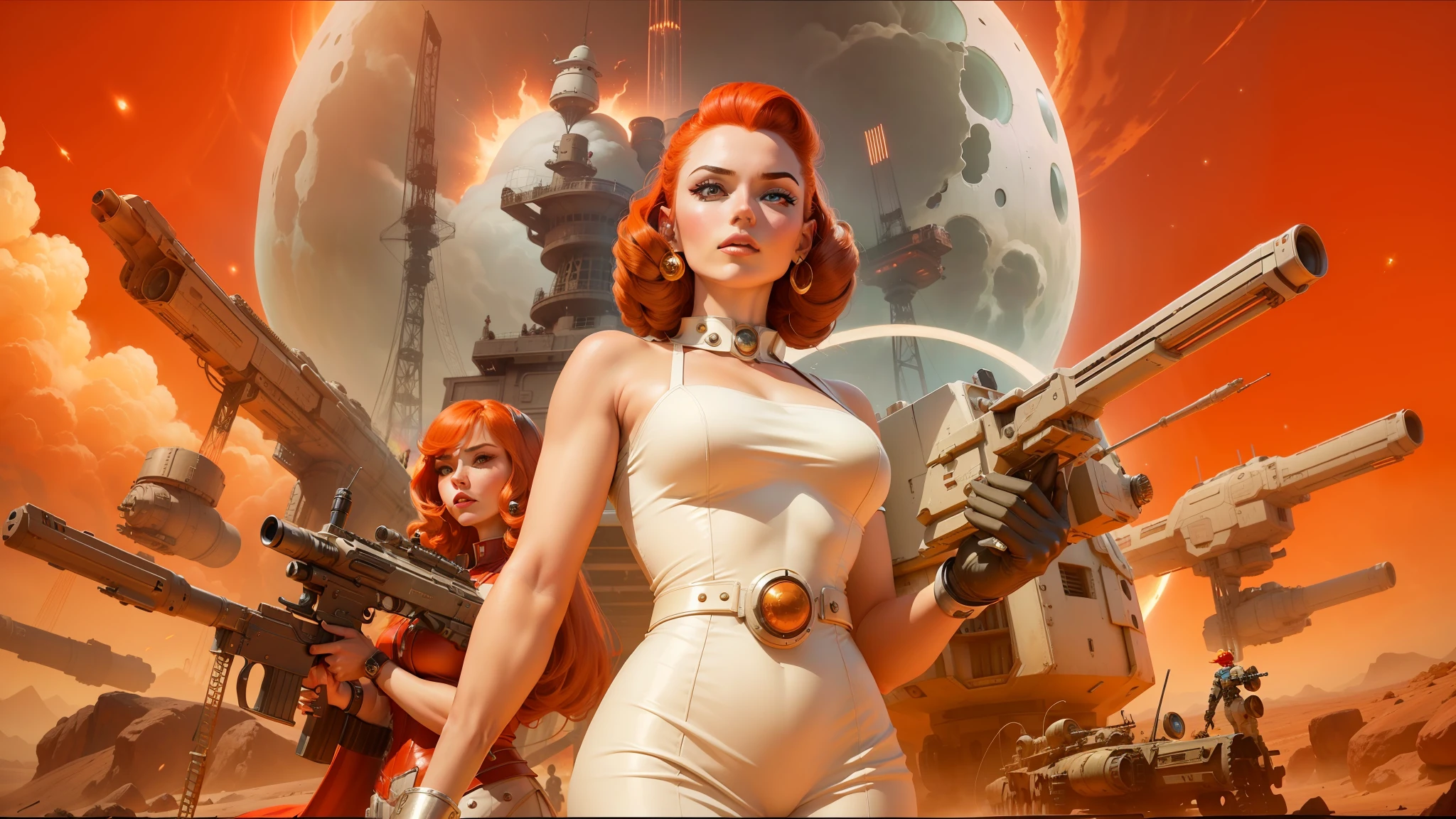 arafed image of a woman in a white dress standing in front of a bunch of guns, retrofuturistic science fantasy, youtube thumbnail, art depicting control freak, redhead woman, mars attacks, in front of a nuclear explosion, space race, 2 0 1 4. modern attire, cover image, the jewelpunk aesthetic, powerful male tin man, amazingly epic visuals --auto --s2