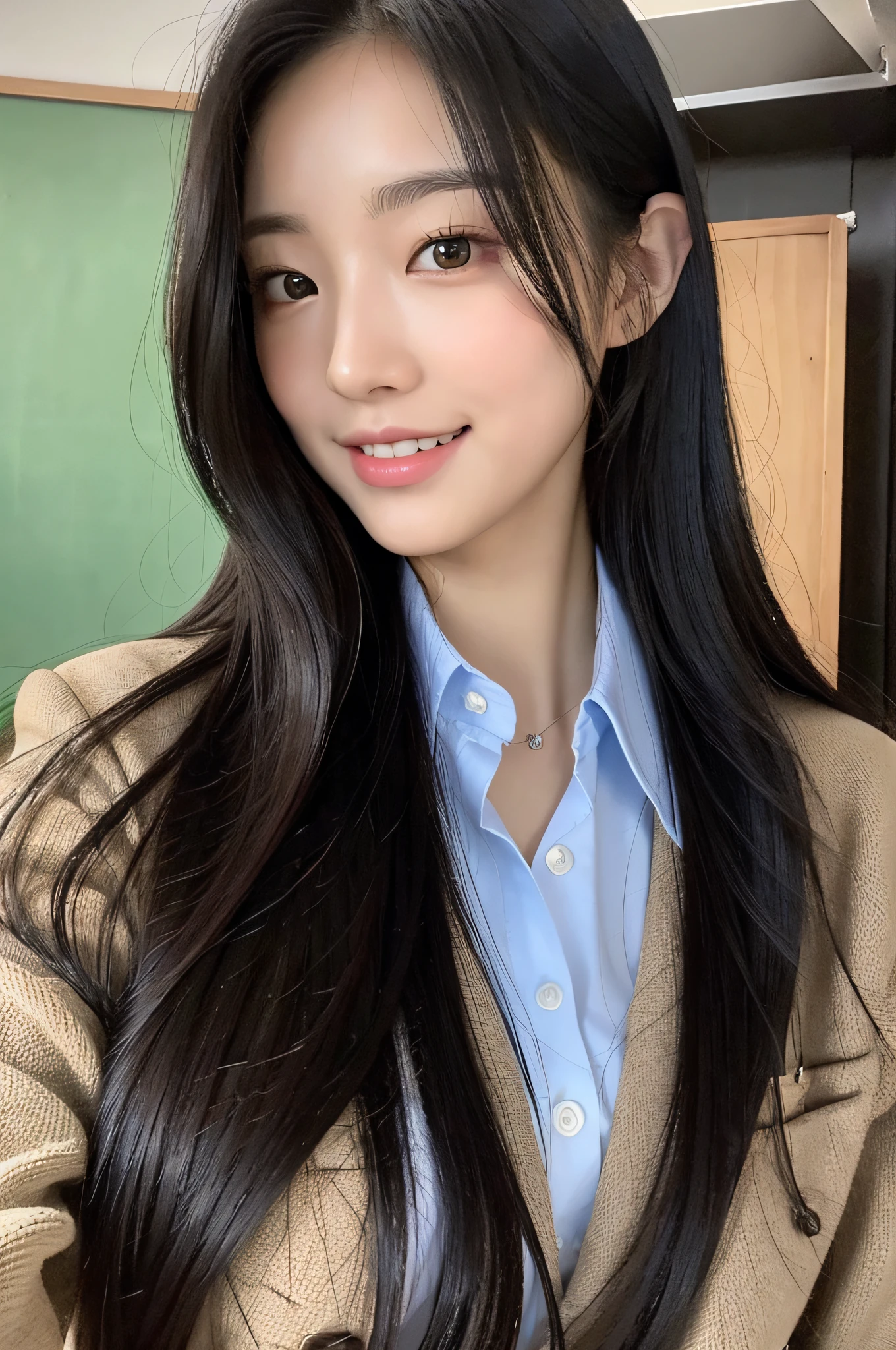 (8k, highest quality, masterpiece: 1.2), ultra detail, highest quality, ultra high resolution, professional lighting, photon mapping, radiosity, physically based rendering, cinematic lighting, depth of field, focusing, sun rays, good composition, (bokeh: 1.2), 1 girl, (full body), smile, beautiful eyes, pose, constriction, black hair, long hair, school uniform, classroom