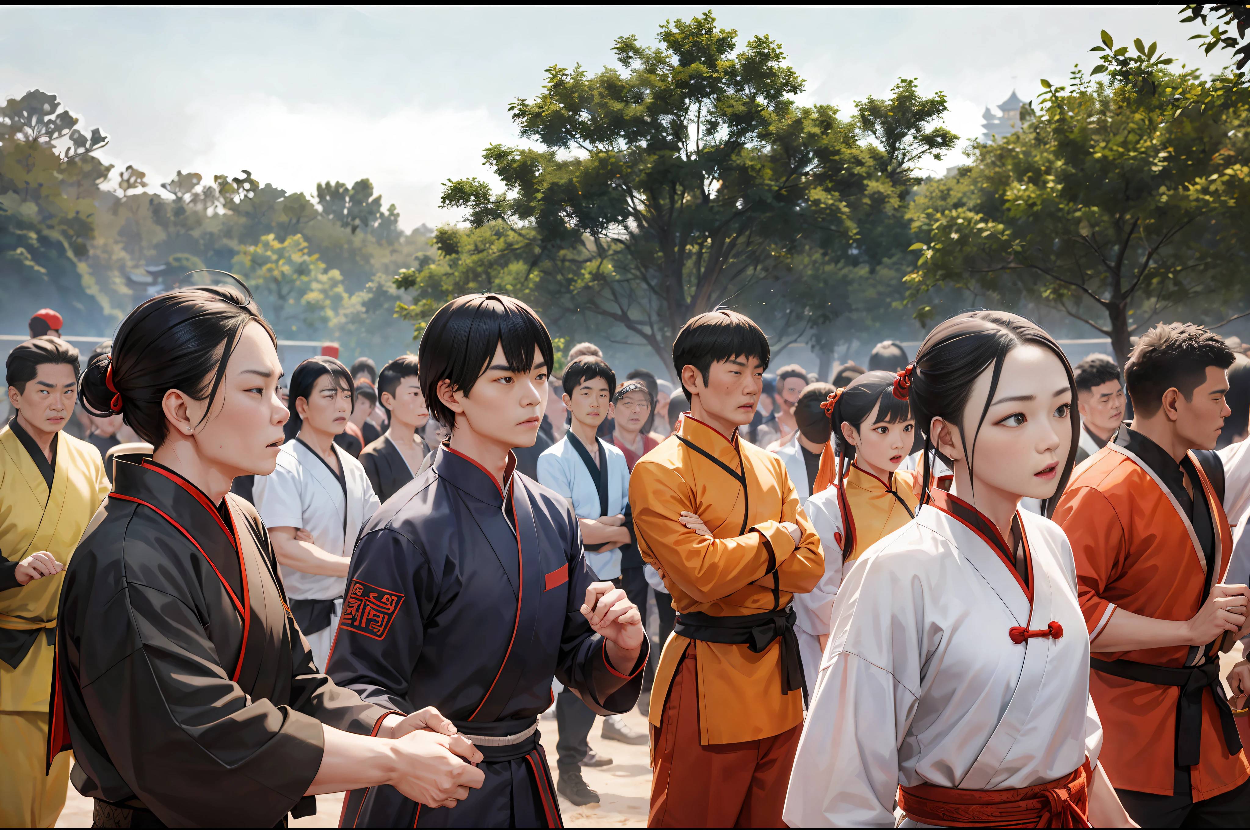 Ultra-high resolution, outdoor martial arts training ground, many people audience, Chinese ancient costume, (old people, young people, men, women) ancient martial arts training ground, martial arts, (facial expressions: contempt, disdain) close-up. Chinese ancient style, martial arts style. 8K
