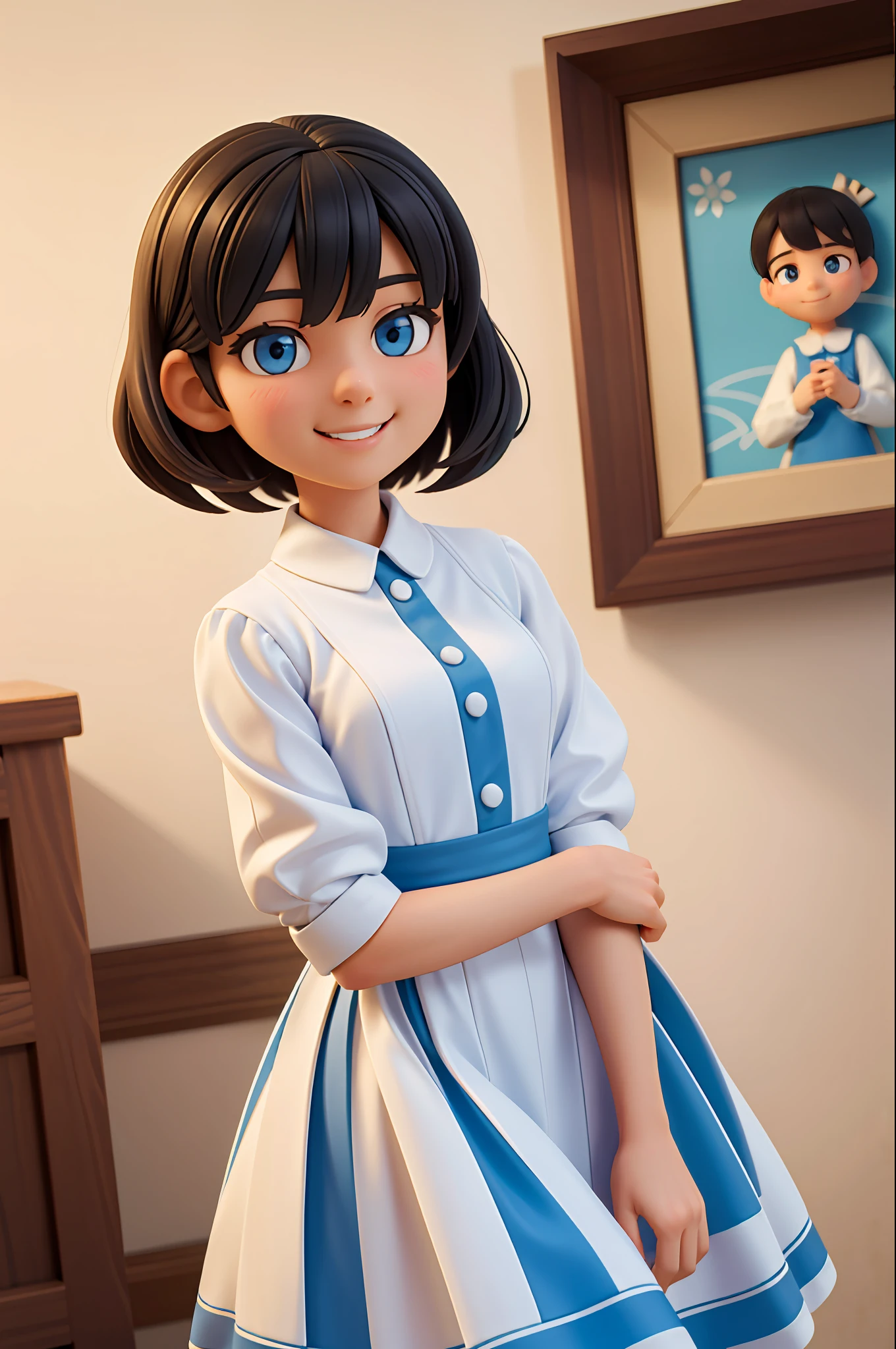 dark-haired, short-haired, gentle smile with slightly visible teeth, gentle eyes, white dress, freshly blazed blue lines, masterpiece, top quality, 1 woman, morning, cowboy shot,