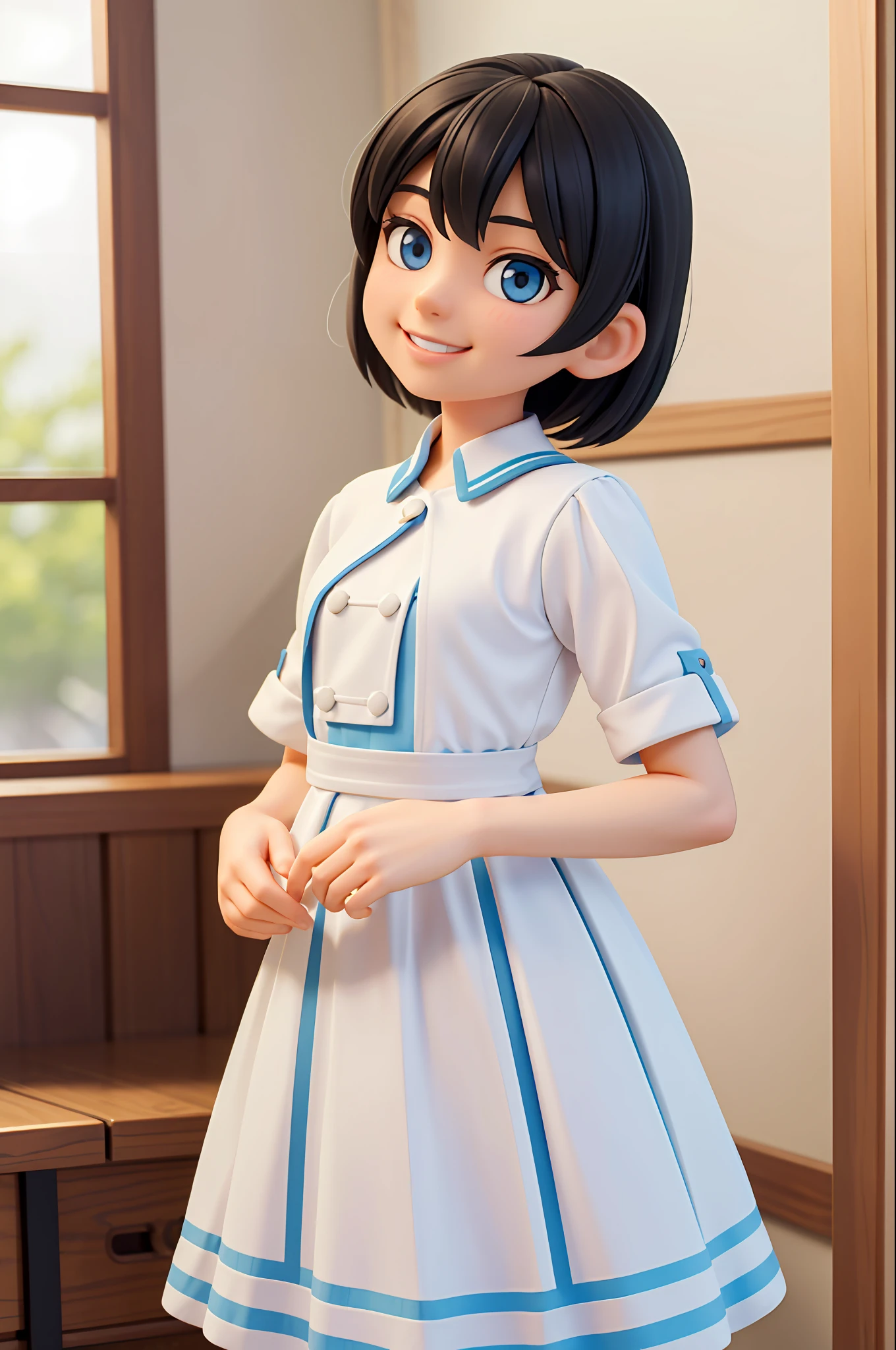 dark-haired, short-haired, gentle smile with slightly visible teeth, gentle eyes, white dress, freshly blazed blue lines, masterpiece, top quality, 1 woman, morning, cowboy shot,