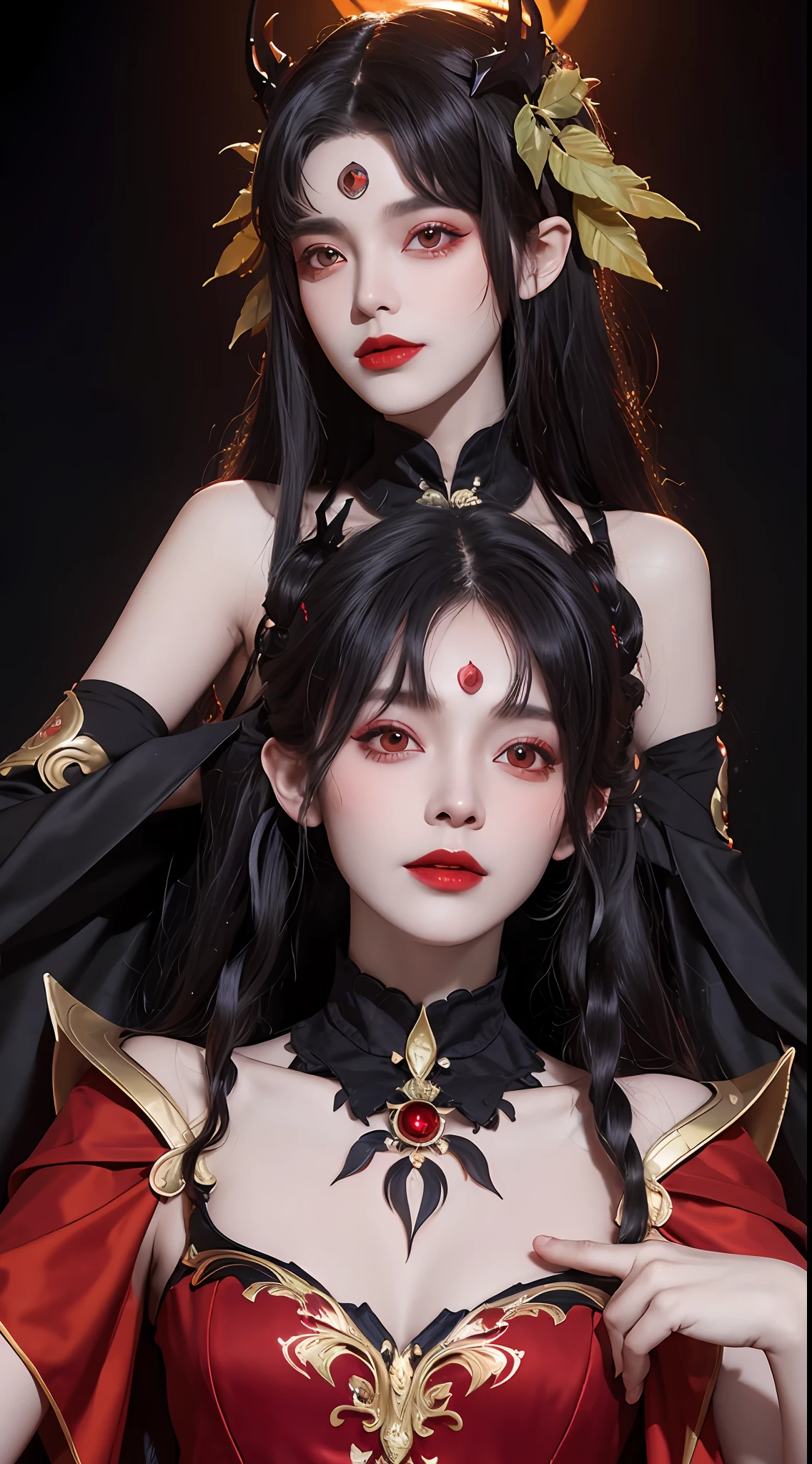 1 beautiful devil woman from hell, In the Dark: 1.6), surreal female portrait by David Hockney and Alphonse Mucha, fantasy art, korea doll, photorealism, dynamic lighting, artstation, poster, volumetric lighting, very detailed faces, 8k ultra, Awarded, in the dark, deep shadow, low key, cowboy lens, (Red phoenix dress: 1.4), long hair, black hair, bust, luxurious palace, Royal style, devil crown, red eyes make up very sharp and detailed, The most beautiful face, big and regular breasts, Super realistic, chinese women's clothing, polo neck sweater, Charming smile, The eyes are very well made up, guweiz, devil style, loong, wearing black mesh socks, upper body, 2 bangs braided hair, Red lips, Devil tattoo on shoulder, wearing a thin red and black robe, the landscape is overcast and thunderous, Portrait,
