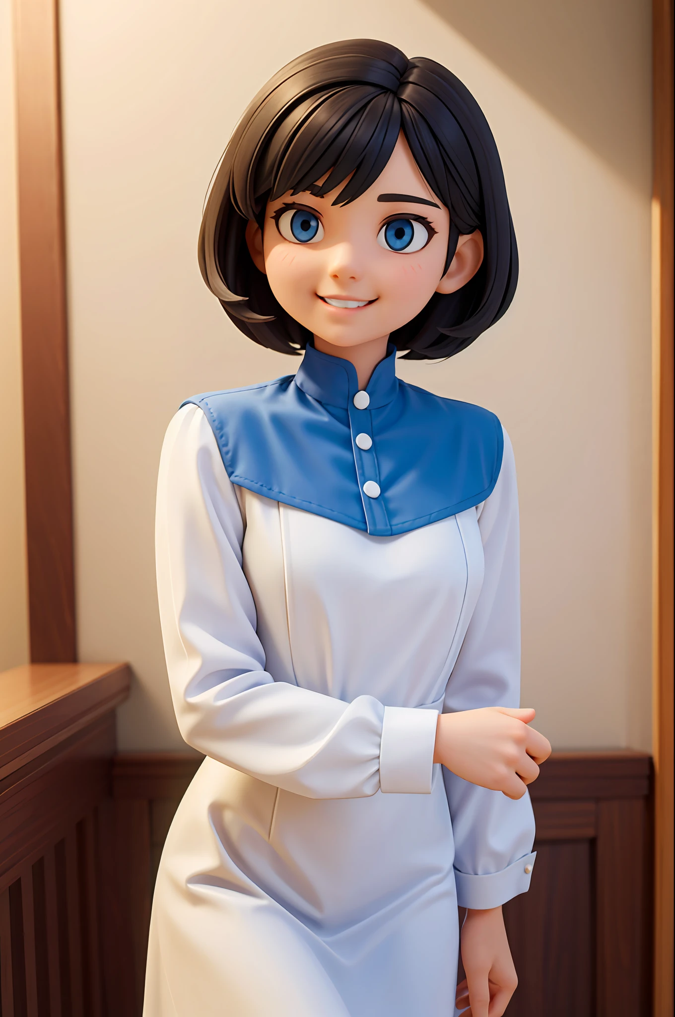 dark-haired, short-haired, gentle smile with slightly visible teeth, gentle eyes, white dress, freshly blazed blue lines, masterpiece, top quality, 1 woman, morning, cowboy shot,