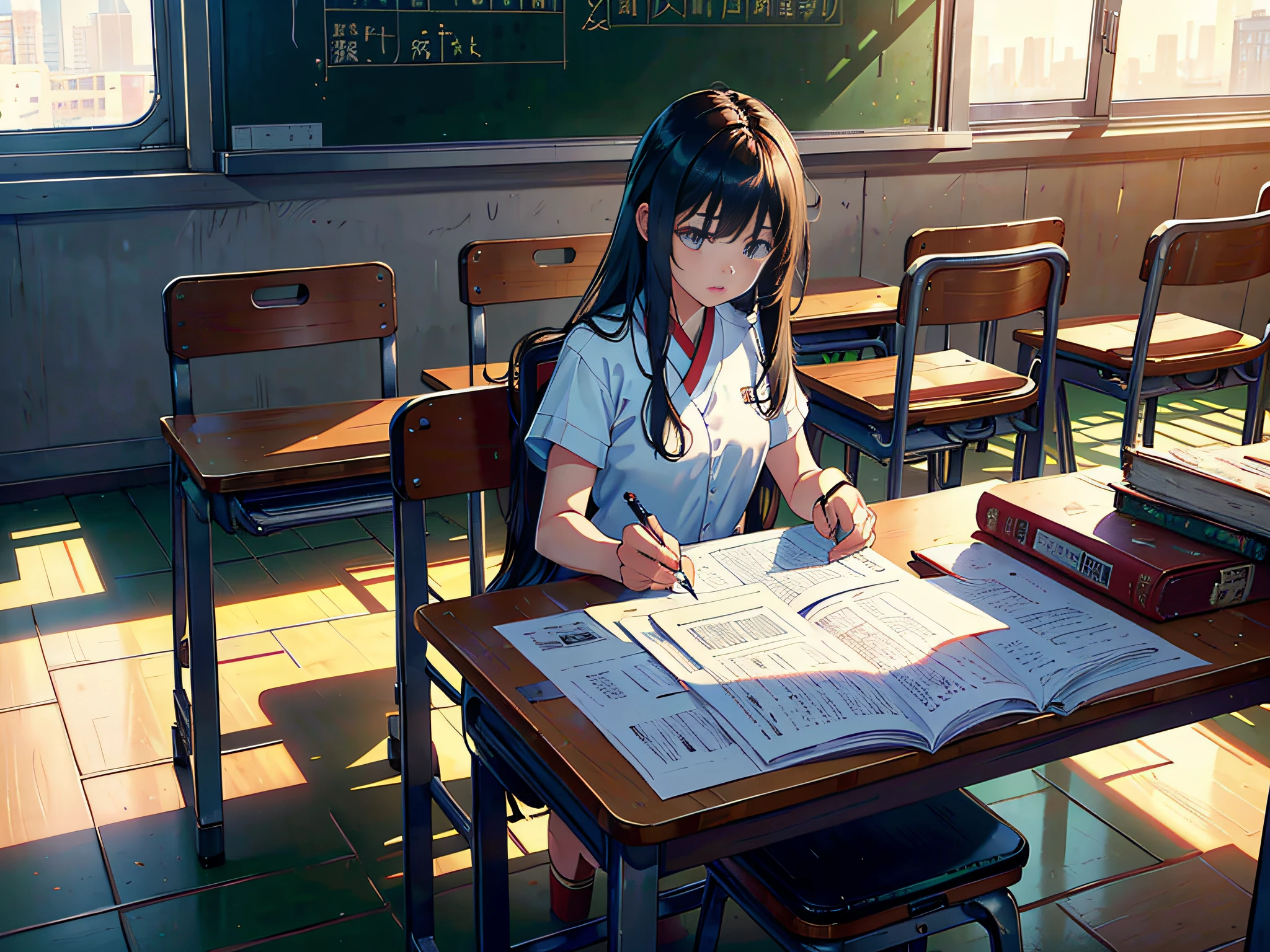 The afternoon sun is shining, many people are sitting in the classroom to write the exam paper, the test paper, the background is in the classroom, the seats are orderly, neat seats men and women sitting on stools, holding pens, writing the test paper, surprised expression, mouth open, the lens is mainly frontal, (there is test paper 1.5), the lens is mainly featured on the upper body, in the Loepfe art style ((Xinhai City), popular in CGStation, Xinhaicheng H 2160, inspired by Bian Shoumin, Xinhaicheng, Kavasi, Guwitz's style, high quality, 4K, 8K, resolution, -auto-s2