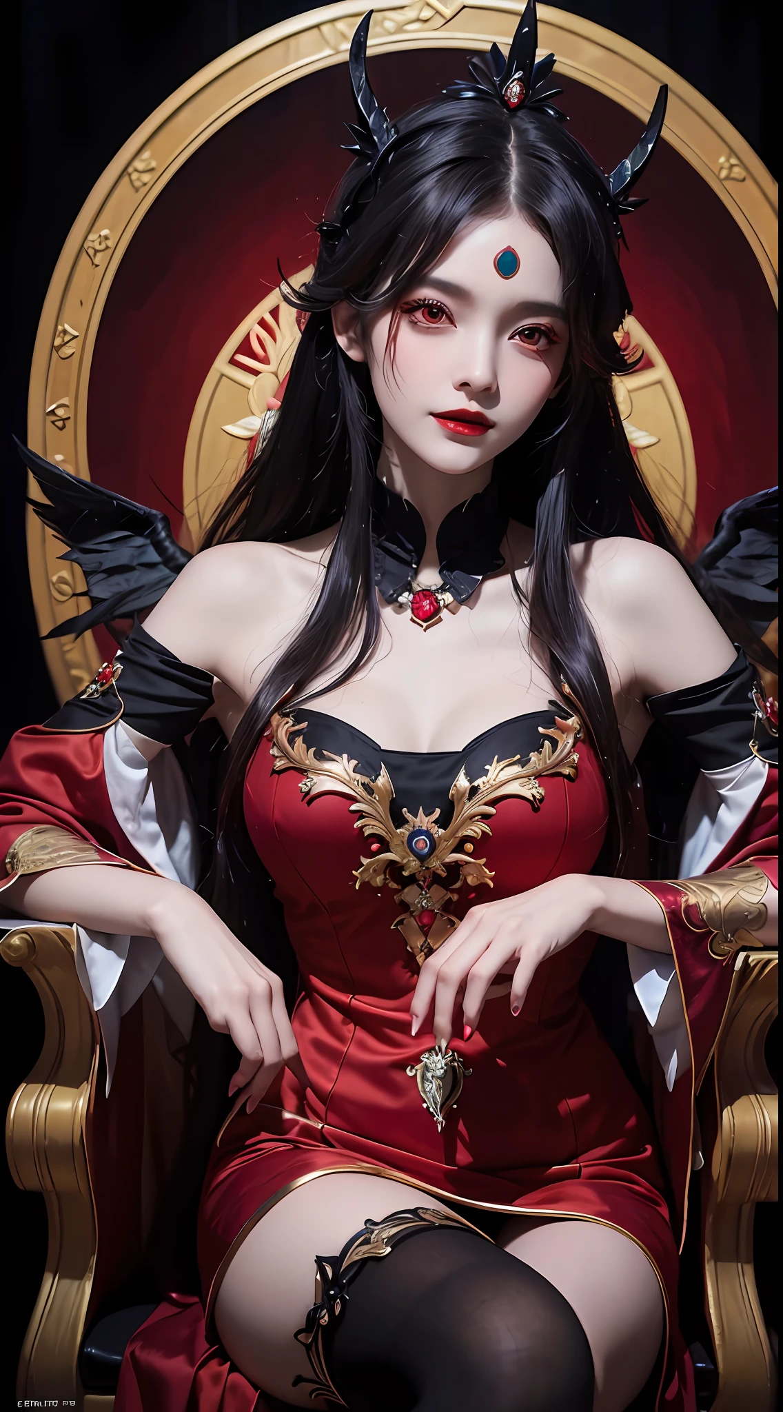 1 beautiful devil woman from hell, In the Dark: 1.6), surreal female portrait by David Hockney and Alphonse Mucha, fantasy art, korea doll, photorealism, dynamic lighting, artstation, poster, volumetric lighting, very detailed faces, 8k ultra, Awarded, in the dark, deep shadow, low key, cowboy lens, (Red phoenix dress: 1.4), long hair, black hair, bust, luxurious palace, Royal style, devil crown, red eyes make up very sharp and detailed, The most beautiful face, big and regular breasts, Super realistic, chinese women's clothing, polo neck sweater, Charming smile, The eyes are very well made up, guweiz, devil style, loong, wearing black mesh socks, upper body, 2 bangs braided hair, Red lips, Devil tattoo on shoulder, wearing a thin red and black robe, the landscape is overcast and thunderous, Portrait,
