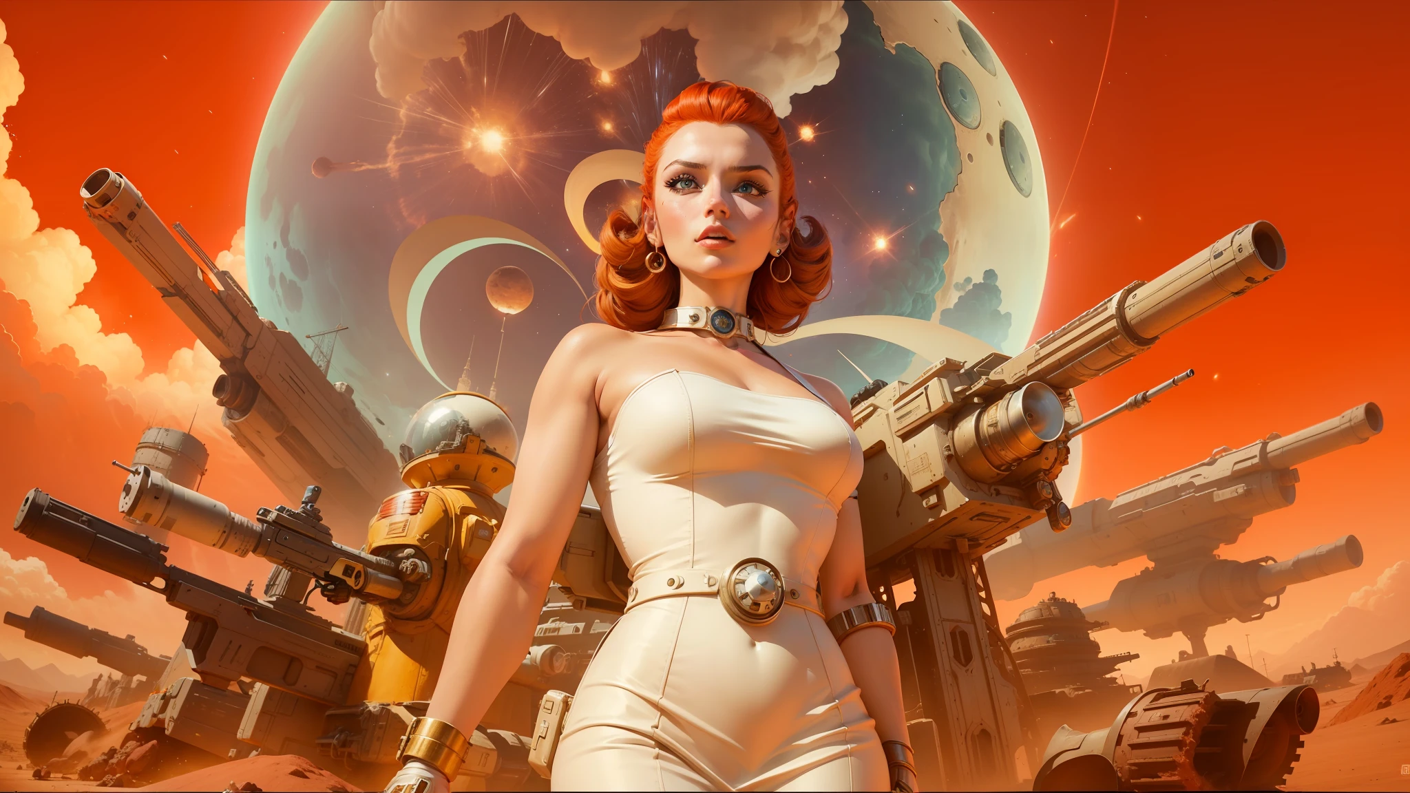 arafed image of a woman in a white dress standing in front of a bunch of guns, retrofuturistic science fantasy, youtube thumbnail, art depicting control freak, redhead woman, mars attacks, in front of a nuclear explosion, space race, 2 0 1 4. modern attire, cover image, the jewelpunk aesthetic, powerful male tin man, amazingly epic visuals --auto --s2