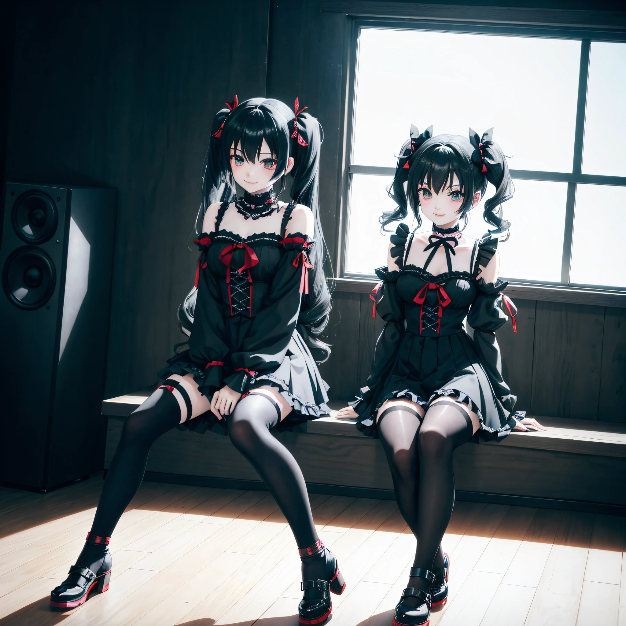 Anime - girl in the style sitting on the speaker, chic goth , gothic, black and white gothic lolityle, anime style 4K, modern anime style, anime girls, girl front line CG, best anime 4K Conachan wallpapers, two beautiful anime girls, style anime, anime style. 8K, badass anime 8K, high quality anime art style, twin tails, very modern anime style, goth loli, beta, babymetal, black hair, hair is black, small breasts, light tights, red ribbon, jorforforger, smile, open legs,