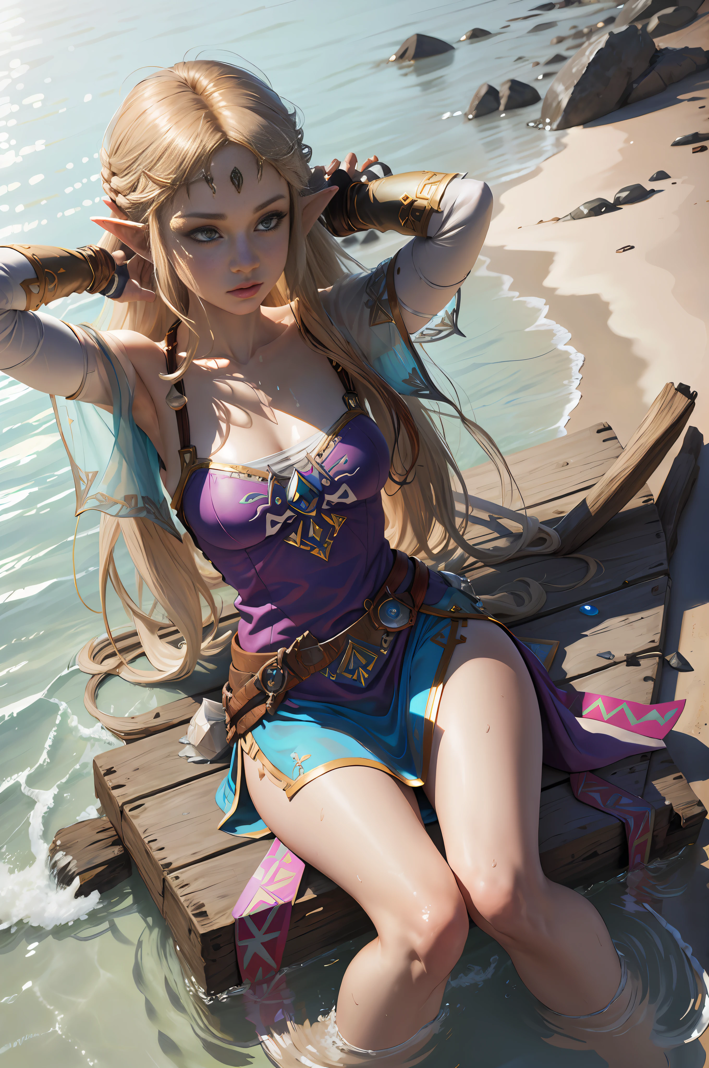 masterpiece, realistic, realism, photorealism, high contrast, in full light, photorealistic digital art trending on Artstation 8k HD high definition detailed realistic, 1girl, (solo:1.5), young beautiful woman, petite, very small perky breasts, ((blue eyes)), blonde knee long hair, long tight white dress with slits, white knee high socks, (no head gear:1.5), ((princess zelda)), parted lips, art by artgerm and ruan jia and greg rutkowski surreal painting, detailed, skin texture, hyper-detailed, realistic skin texture, side view, shore, lying in the shoreline, caribbean sea, crystal water, clear water, head down, flustered, drenched