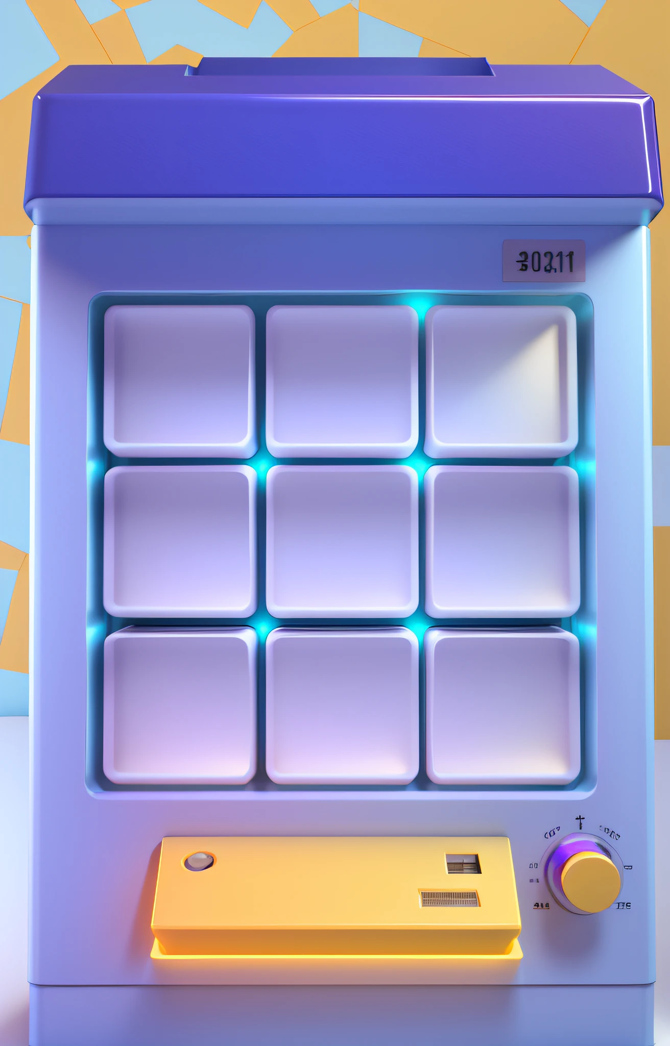 9 square boxes composed of lottery machine, lottery machine machine material, front perspective, game application app, 3D, soft edges, large rounded corners, bright blue is mainly purple, yellow as a supplement, clean color matching, natural gradient, fresh and elegant, soft light, light light on the edges, transparent light, smooth surface, 3D icons, cute Q version, solid color background, high resolution, best quality, 8k,