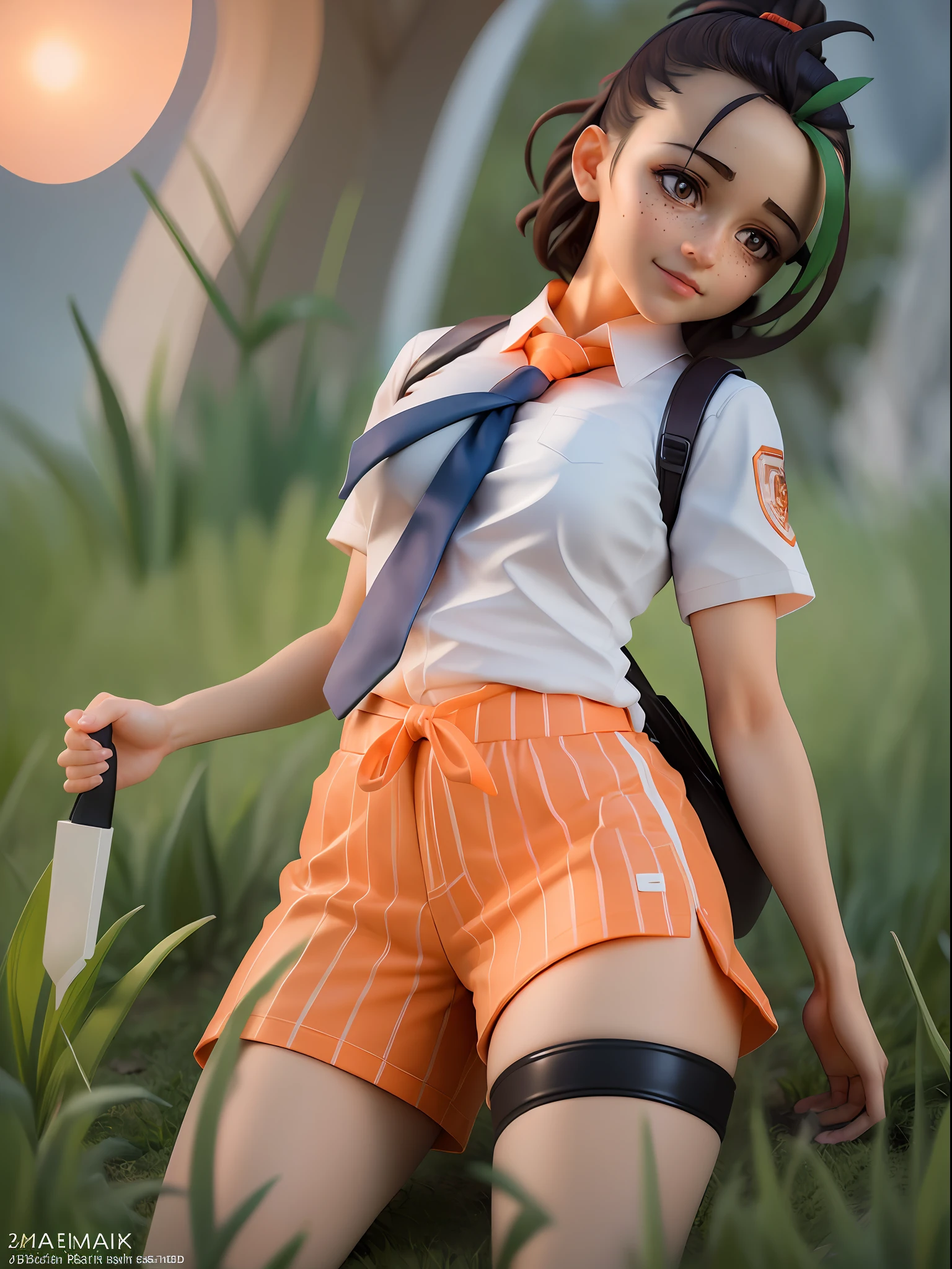 nemona \(pokemon\), white collared shirt, orange necktie, orange shorts, black pantyhose, white border, outside border, freckles, on grass,sunlight,hand up
full body, chibi, [realistic], [3d], (3dcg), ((octane render)), smile, closed mouth,
(8k, RAW photo, best quality, masterpiece:1.2), ultra high res, (((realistic, photo-realistic))), professional lighting, detailed lighting, professional photography, dynamic angle, high quality, high res, extremely detailed, bloom
,
depth of field, sketch, sharp focus, soft lighting, good composition, god light highlight, detailed, (((photorealistic details))), detailed skin, to8contrast style