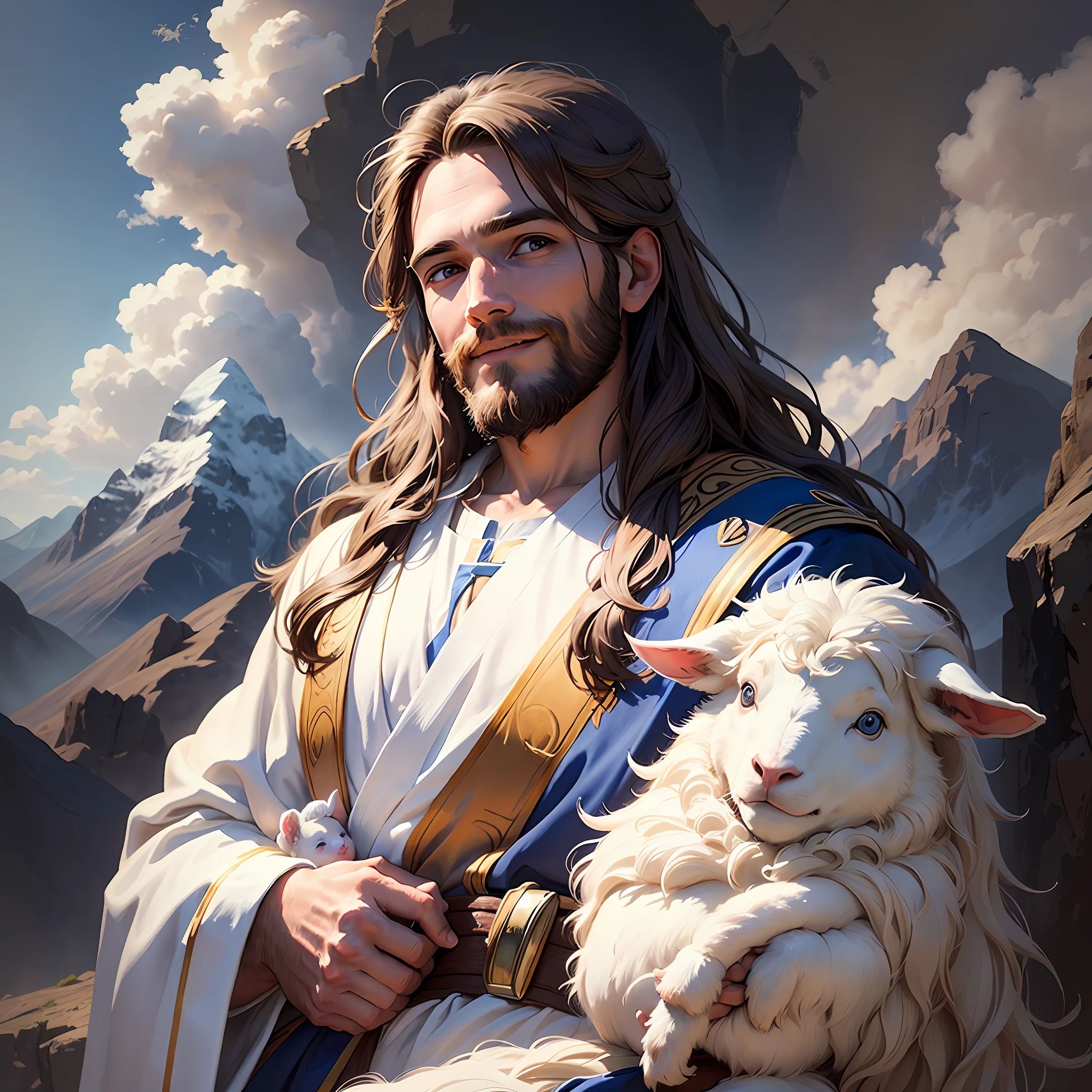 Jesus,portrait, soft light, a man with long brown hair and a beard, wearing a white robe and a blue sash, holding a lamb in his arms, smiling gently, mountains and clouds in the background, 8k, oil painting