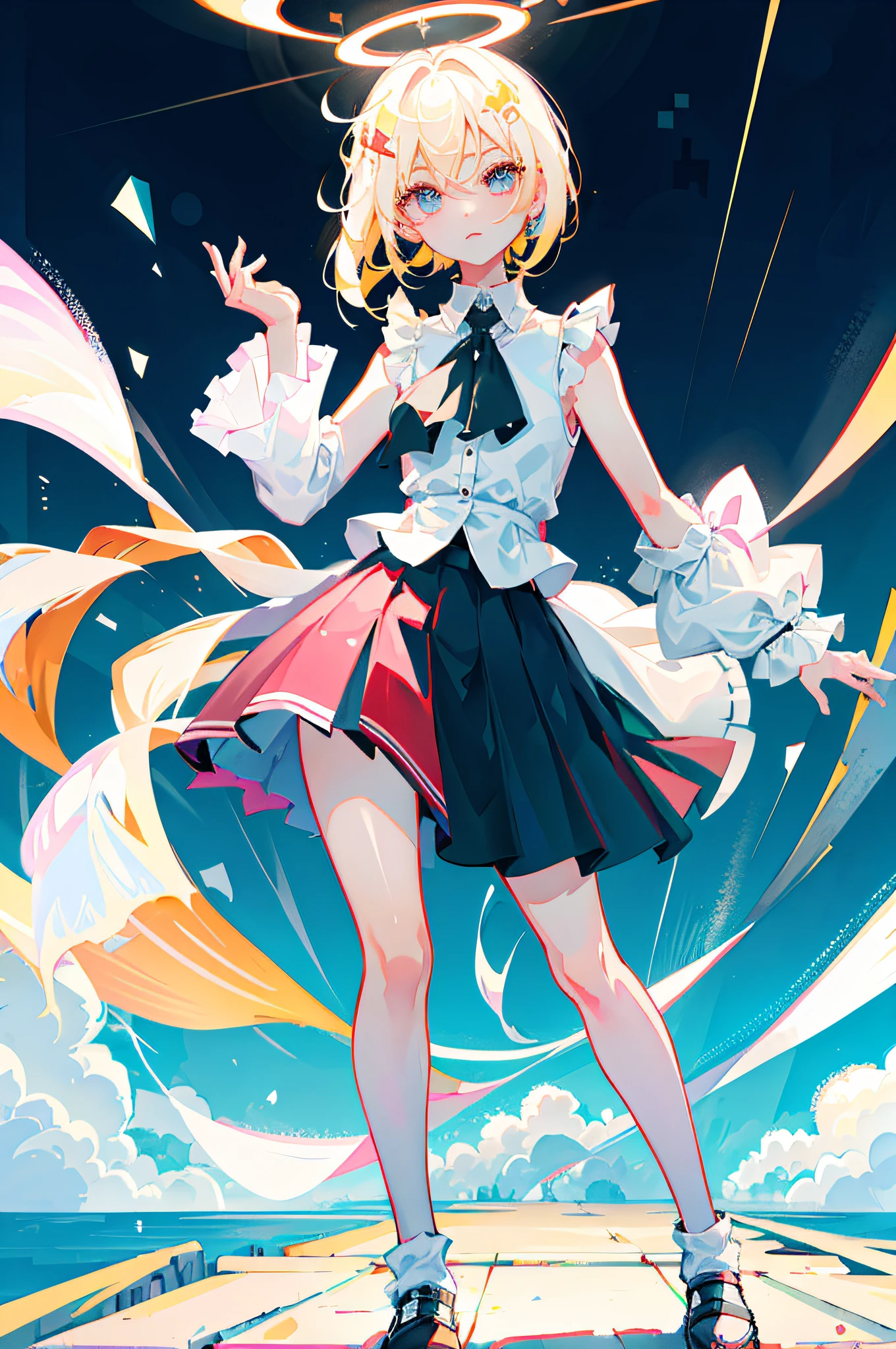Best quality, ultra-high resolution, (Realisticity: 1.4), 1 female, sleeveless white button shirt, black skirt, black collar, cute, (Kpop idol), (aegyo sal: 1), (white blonde hair: 1), (puffy eyes)), looking at the audience, full body, facing forward