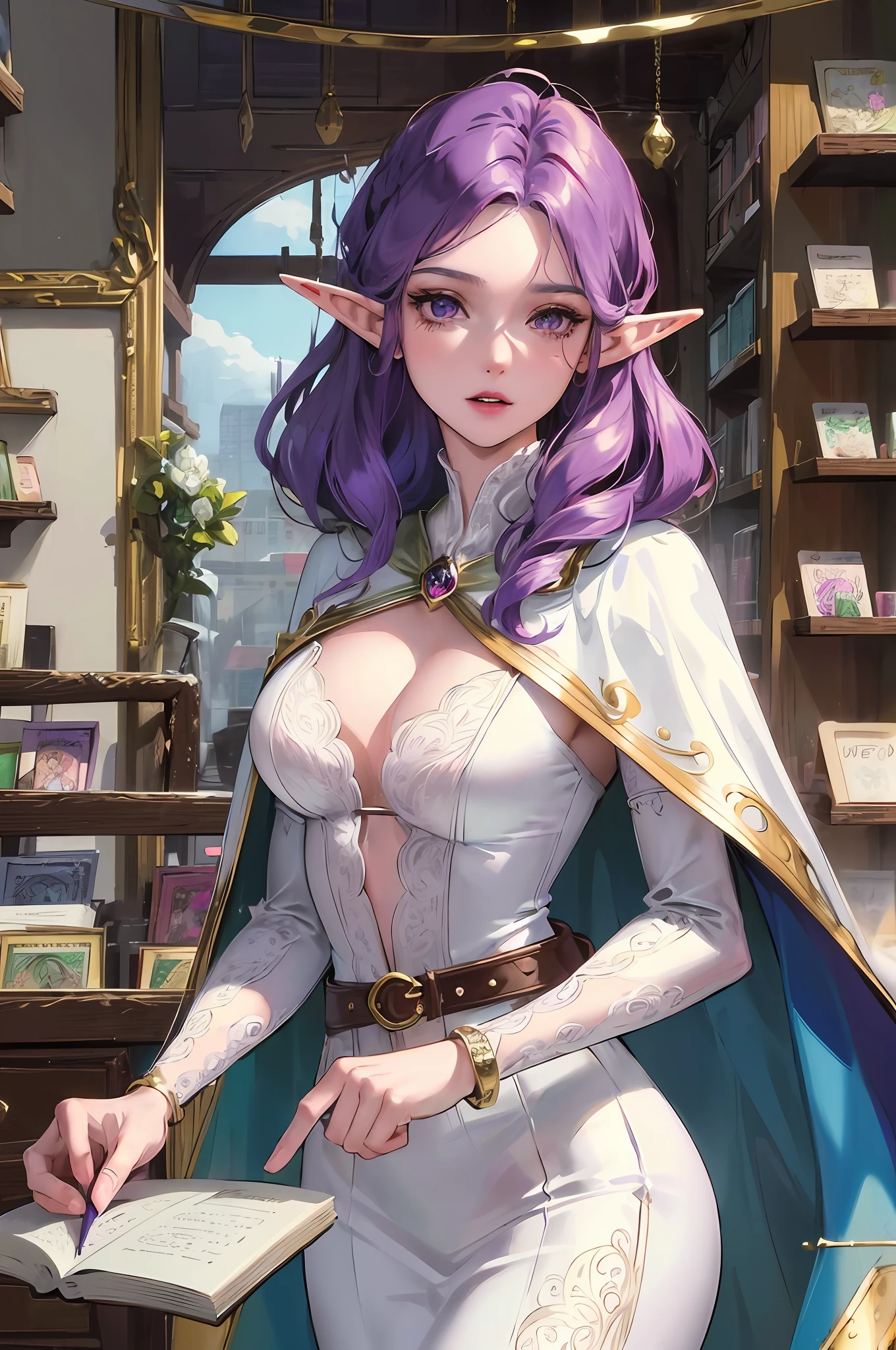 elf merchant, trade, masterpiece, best quality, super detailed, illustration, (super detailed face), (best face), shop, 30 years old, adult, 1girl, 30 years old, wife, widow, elf, bookstore lady, purple curly hair, white suit, cape, white silk underwear, expensive silk belt, bracelet, quill pen, intricate details