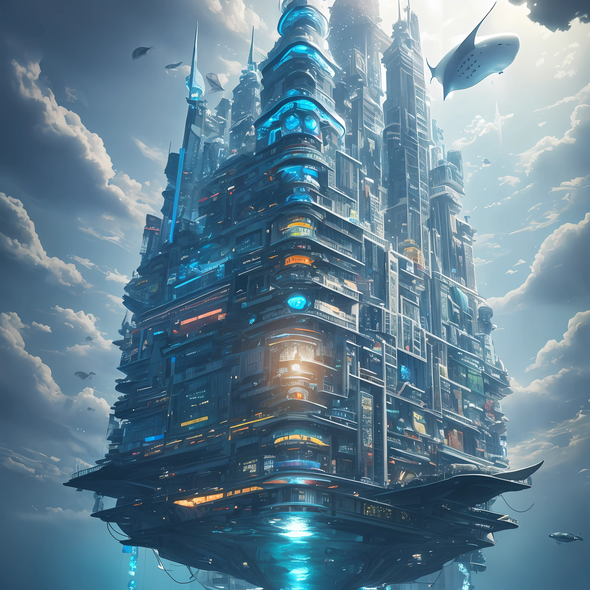 (many small jellyfishes:1.1), highres, shadows, absurdres, best_quality, ultra_detailed, 8k, extremely_clear, photograph, beautiful, sharp focus, hdr, underwater, giant  manta ray, fantastic location, dream, flying, underwater cyberpunk city, --auto --s2