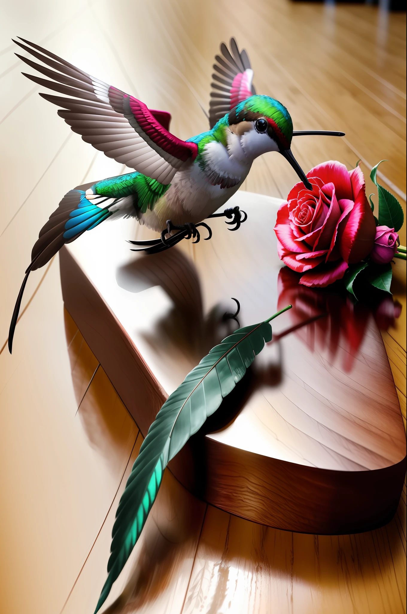 Hummingbird, near a rose, ultra realistic, 4 k super realistic, with beautiful wings.