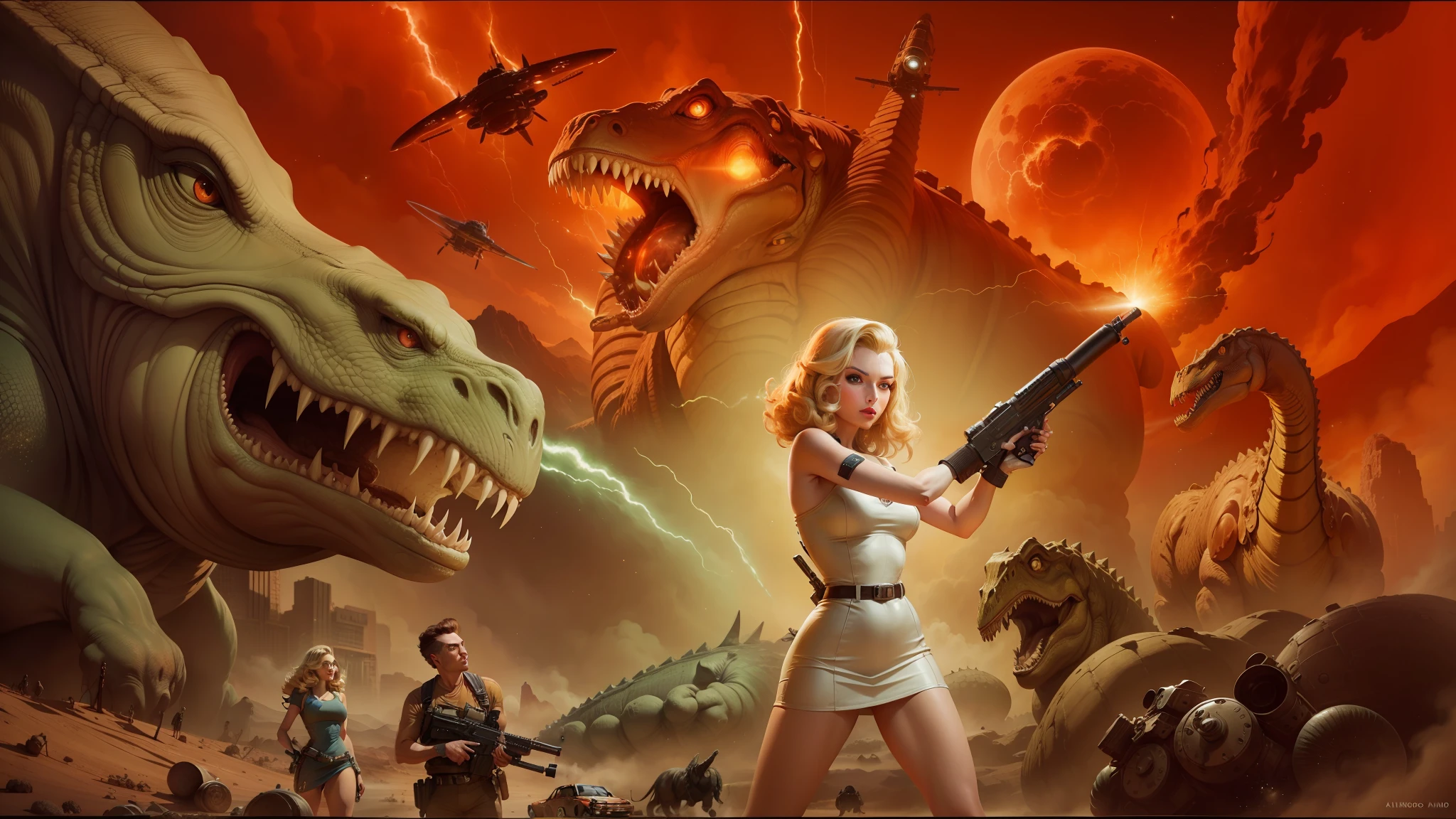 arafed image of a woman holding a gun in front of a giant dinosaur, retro sci - fi movie, exploding planet in background, blonde girl in a cosmic dress, art of aaron hain, giant tentacles, matte art, sexy movie photo, atomic age, portrait of taylor swift, cinemascope, elon musk as slimy mollusk, 1 9 5 0 s concept art --auto --s2