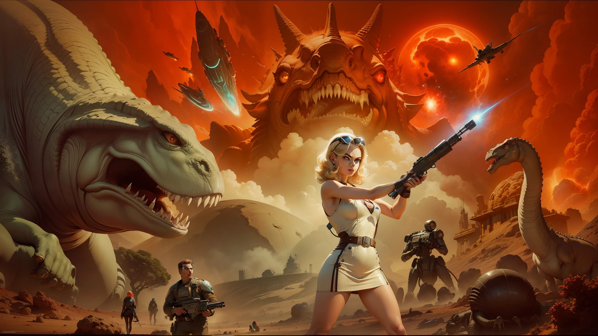 arafed image of a woman holding a gun in front of a giant dinosaur, retro sci - fi movie, exploding planet in background, blonde girl in a cosmic dress, art of aaron hain, giant tentacles, matte art, sexy movie photo, atomic age, portrait of taylor swift, cinemascope, elon musk as slimy mollusk, 1 9 5 0 s concept art --auto --s2
