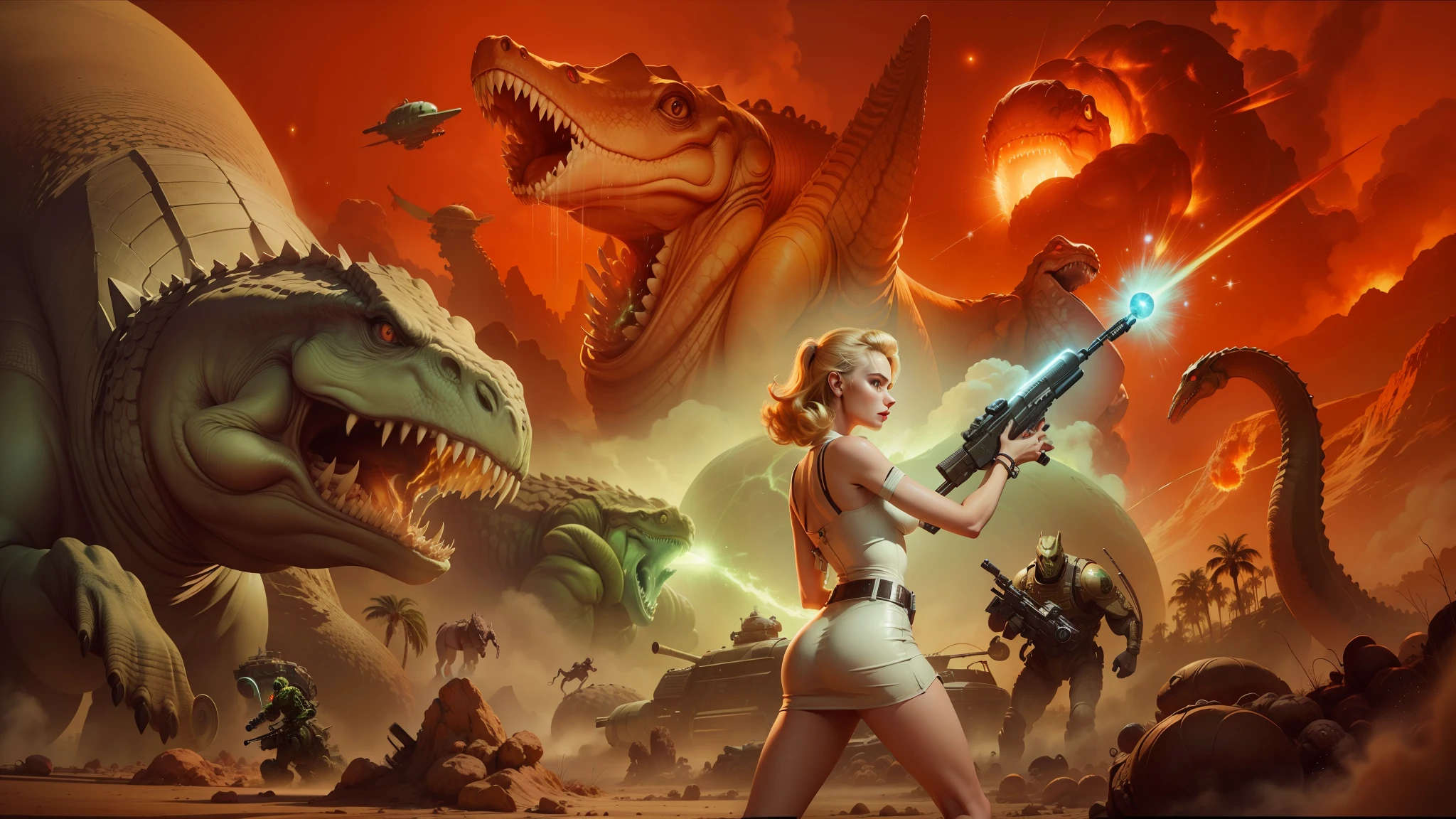 arafed image of a woman holding a gun in front of a giant dinosaur, retro sci - fi movie, exploding planet in background, blonde girl in a cosmic dress, art of aaron hain, giant tentacles, matte art, sexy movie photo, atomic age, portrait of taylor swift, cinemascope, elon musk as slimy mollusk, 1 9 5 0 s concept art --auto --s2
