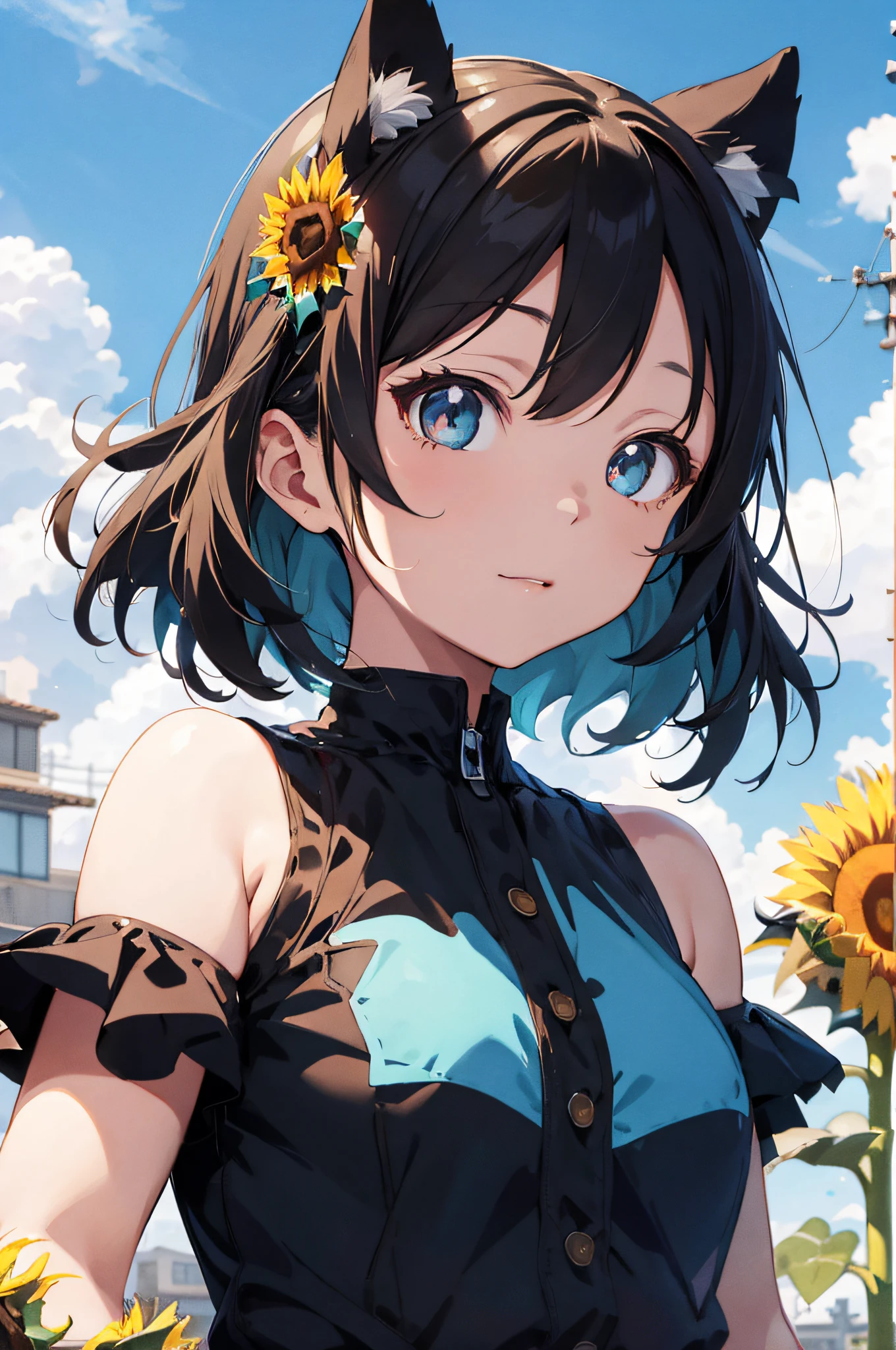 Anime cat eared girl wearing one piece with cat ears, shoulder look, anime drawing by Yang J, pixiv contest winner, serial art, digital anime illustration, kawashi, anime style illustration, anime style 4K, beautiful anime portrait, anime style portrait, anime style artwork, Guweiz style artwork, Anime Illustration, Digital Anime Art, Detailed Digital Anime Art, Beautiful Blue Sky, (((Beautiful Cloud)),((Sunflower))