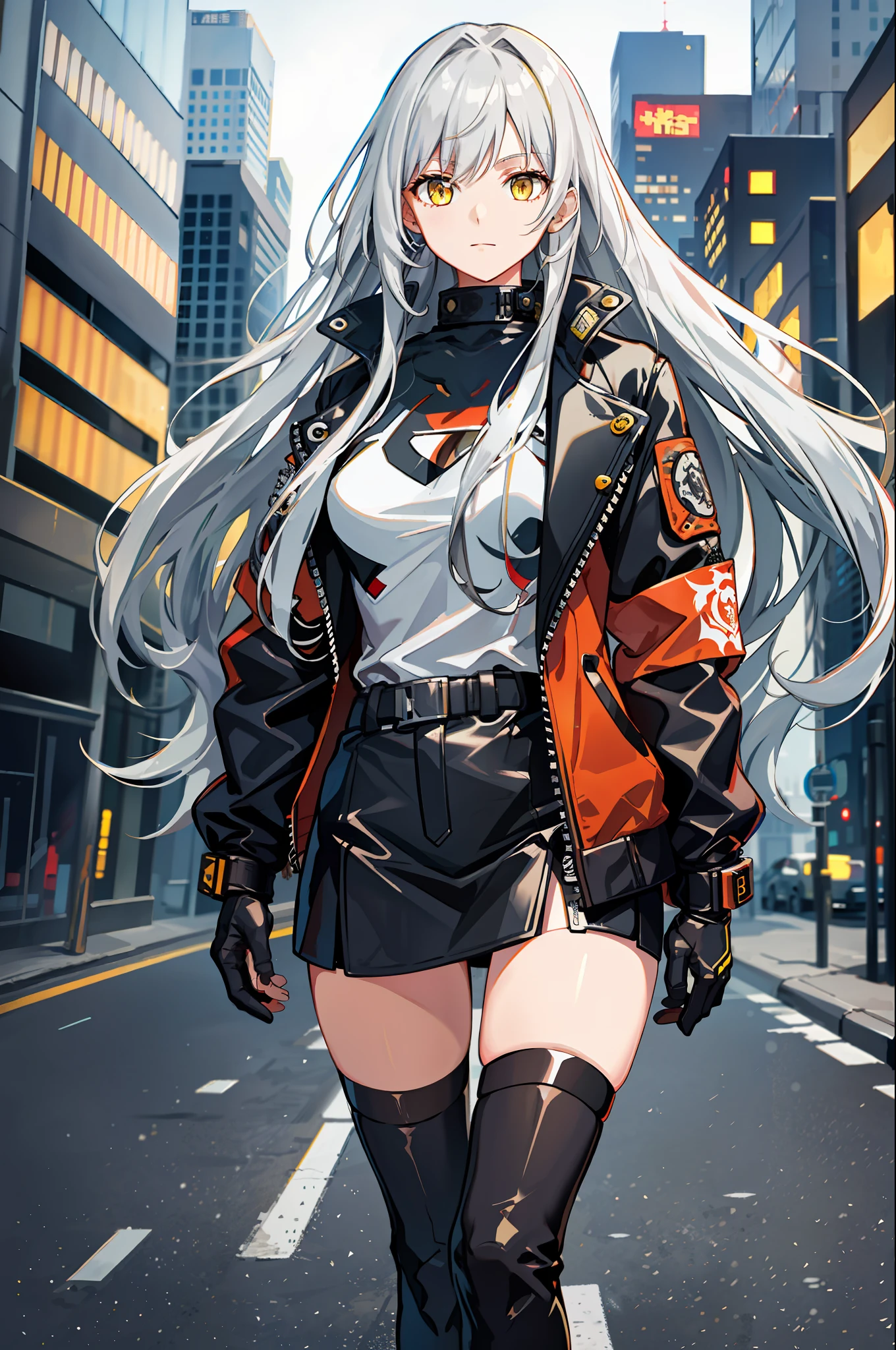 masterpiece, best quality, long hair, silver hair, yellow eyes, outdoors, jacket, wind, cyberpunk, gloves,