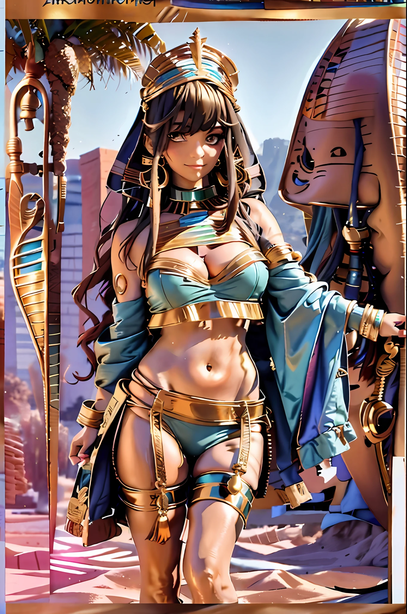 An Egyptian girl in the desert wears a bohemian style outfit, the silhouette is relatively loose, the color is fresh, and it will be matched with Egyptian-style accessories, the girl's movement is a little bigger, and the camera is strong