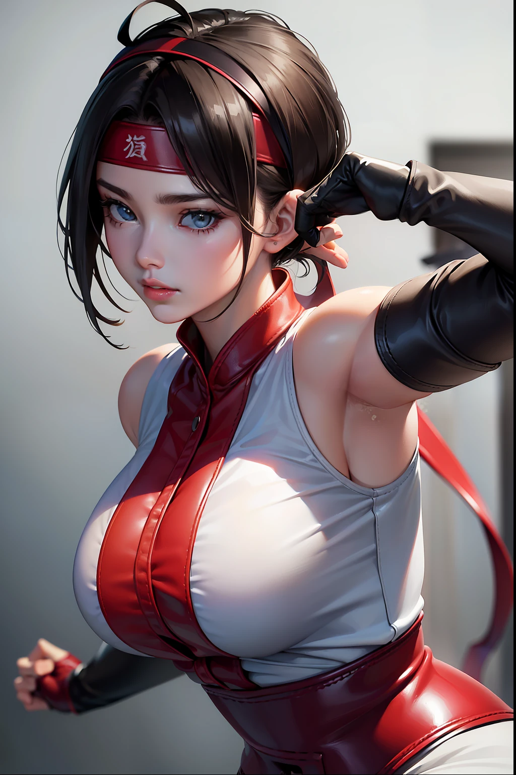 ((super fine illustration, 8k, Masterpiece :1.2, Sharp focus :1.2, depth of field:1.2, cinematic lighting)), A woman who uses martial arts, she is beautiful and strong, stronger and stronger than anyone else, and she loves to be seen by everyone, it feels so good to be seen, so she always wears glamorous clothes, Beautiful skin, face, body and attractive big breasts. Her strength and beauty inspire people,((martial arts uniform:1,2)), ((leather glove)), ((headband))