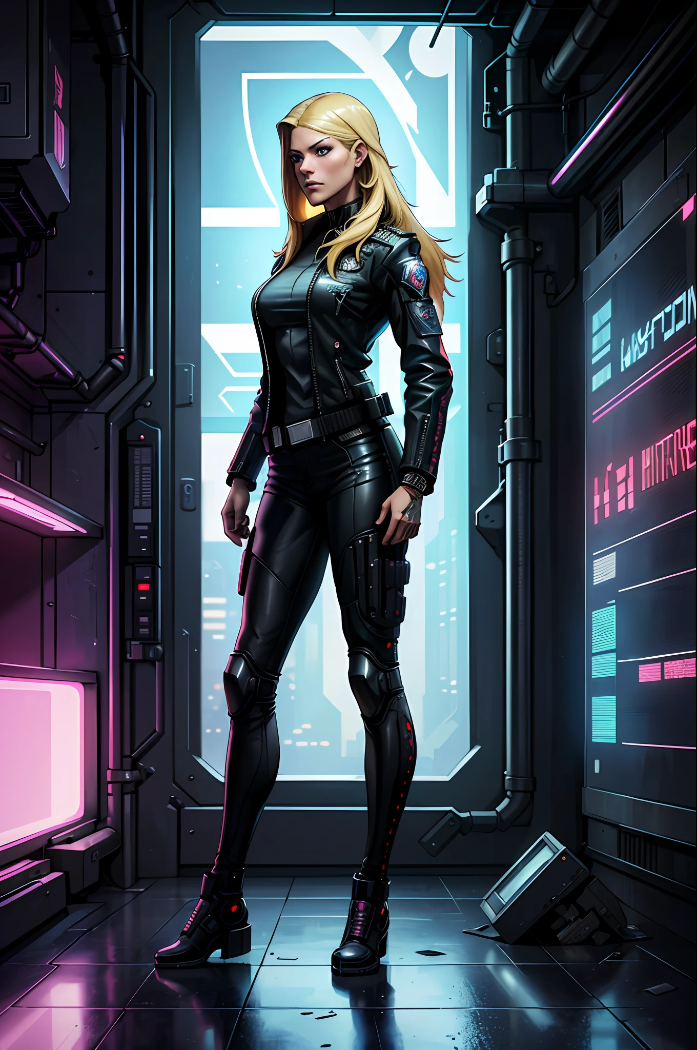(cyberpunk by emb-rrf2:1.0),(highly detailed:1.2),(best quality:1.2),(8k:1.2),sharp focus,(subsurface scattering:1.1),award-winning photography,profile (cyberpunk cop heroine: 1.2), neon glow, centered face, Katheryn Winnick's face, blue eyes, ((full body shot:1.1)) (standing in a futuristic spaceport: 1.3), (((straight long blonde hair: 1.1)), (cyberpunk police leather jacket), (very detailed background:1.2),(sci-fi:1.0), (knollingcase:1.0),(dreamlikeart:1.1), dramatic lighting