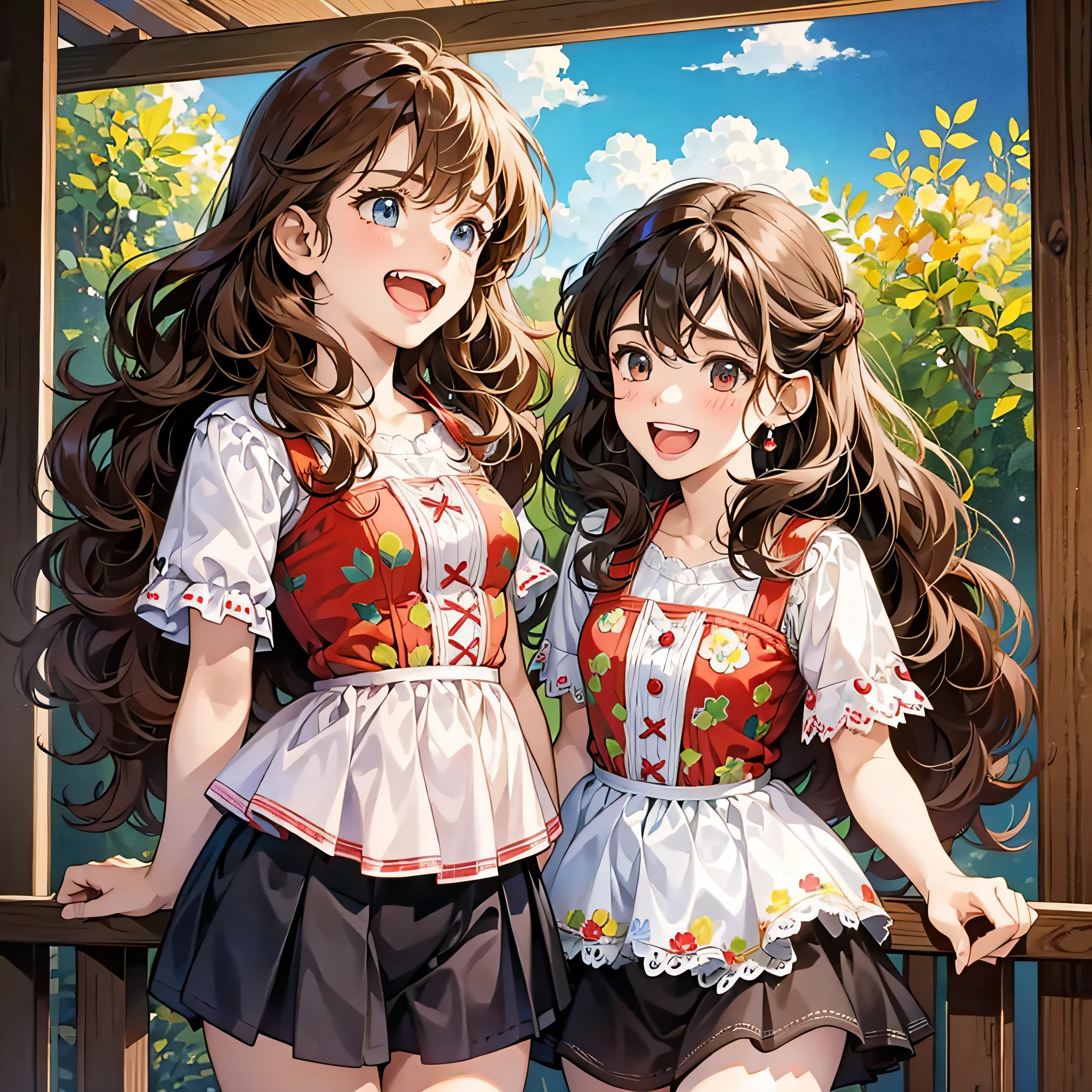 Two girls, twins, curly brown hair, one angry twin and the other laughing at her --auto --s2