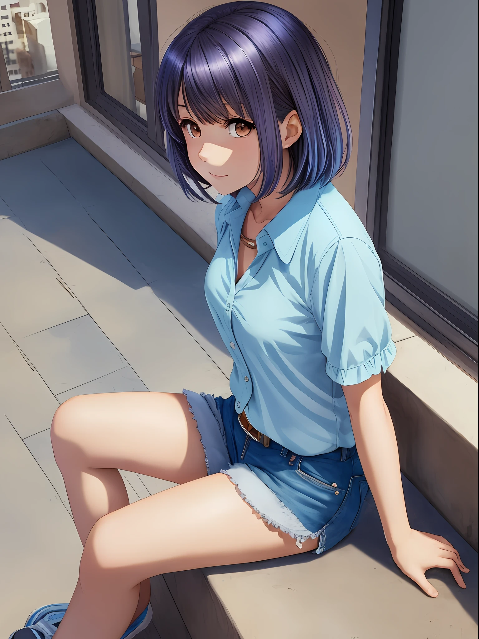 1 anime style girl, brown eyes, short brown hair with (blue locks), wears a light blue blouse and shorts, sitting on a balcony, super detailed