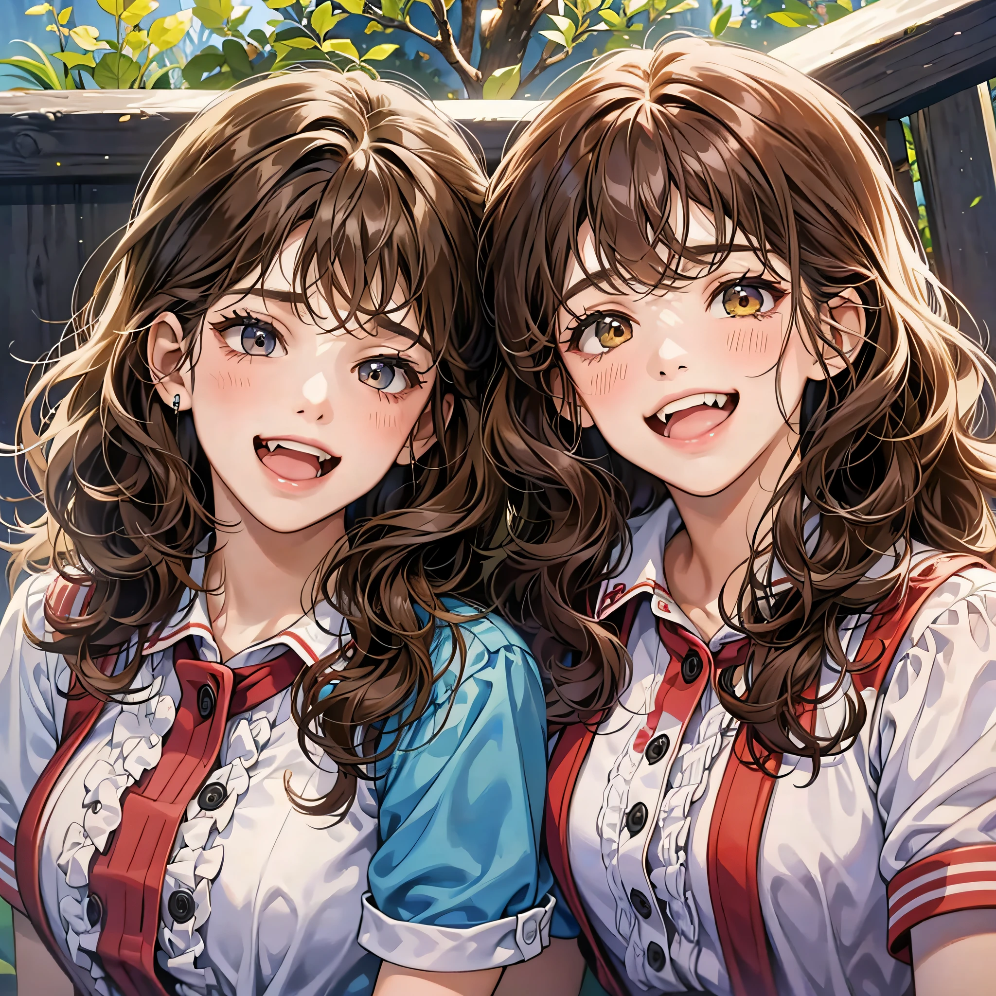 Two girls, twins, curly brown hair, one angry twin and the other laughing at her --auto --s2