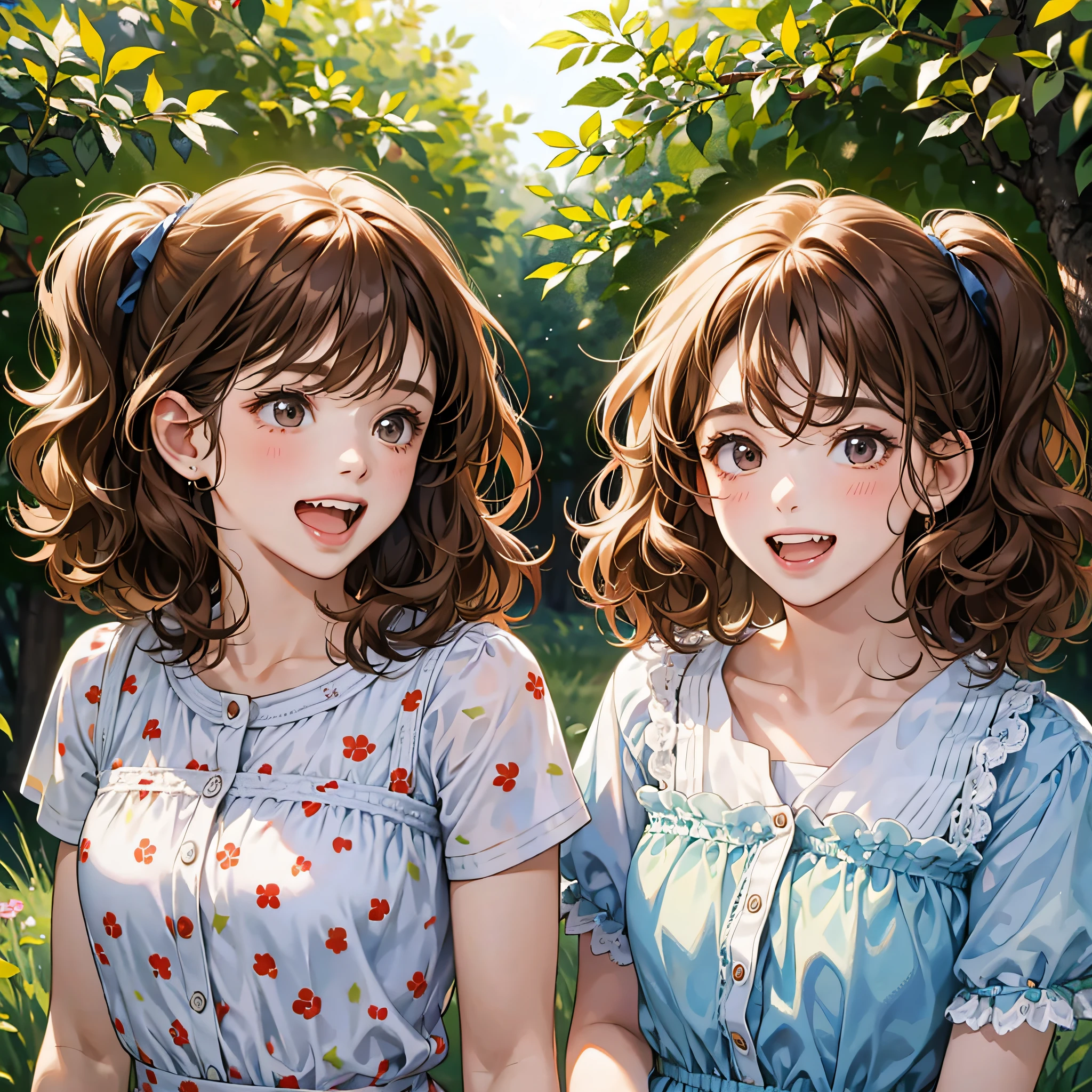 Two girls, twins, curly brown hair, one angry twin and the other laughing at her --auto --s2