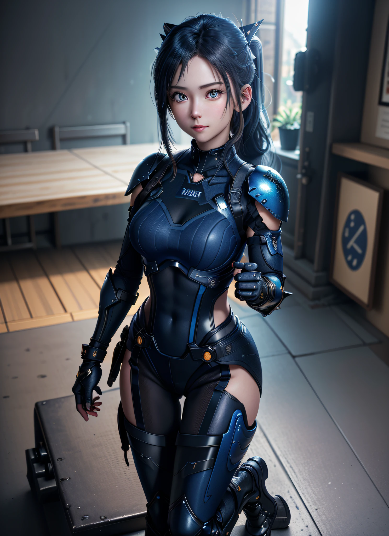 (masterpiece, top quality, distinct_image, very elaborate CG, detailed detail, (photorealistic: 1.4), high quality textures, fine-grained, realistic face expression): (Solo, Solo Girl, Japan Face, Blue Haired Girl, Full Body, Watch Viewer, Up Ponytail, Small Size Breasts, Sparkly Blue Color Eyes, Pilot Suit in White, Blue and Black Colors Detailed Gundam cockpit, tight-fitting clothes, full-body clothing, beauty, cuteness, slim body, exoskeleton, dynamic angles, dynamic poses, light-on-face, white and blue and black metal armor, heroine, helmet, boots, light smile, golden hour lighting, solo ride)