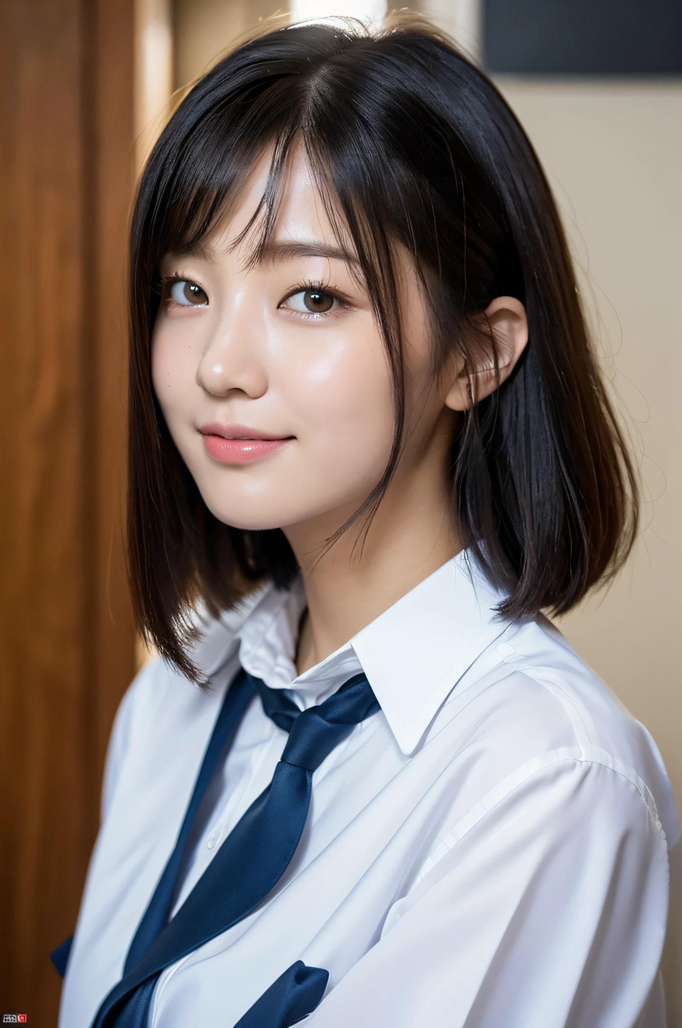 (8k, highest quality, masterpiece: 1.2), ultra detail, highest quality, ultra high resolution, professional lighting, photon mapping, radiosity, physically based rendering, cinematic lighting, depth of field, focusing, good composition, (bokeh: 1.2), 1 girl, (full body), smile, beautiful eyes, pose, constriction, black hair, bob hair, school uniform, classroom