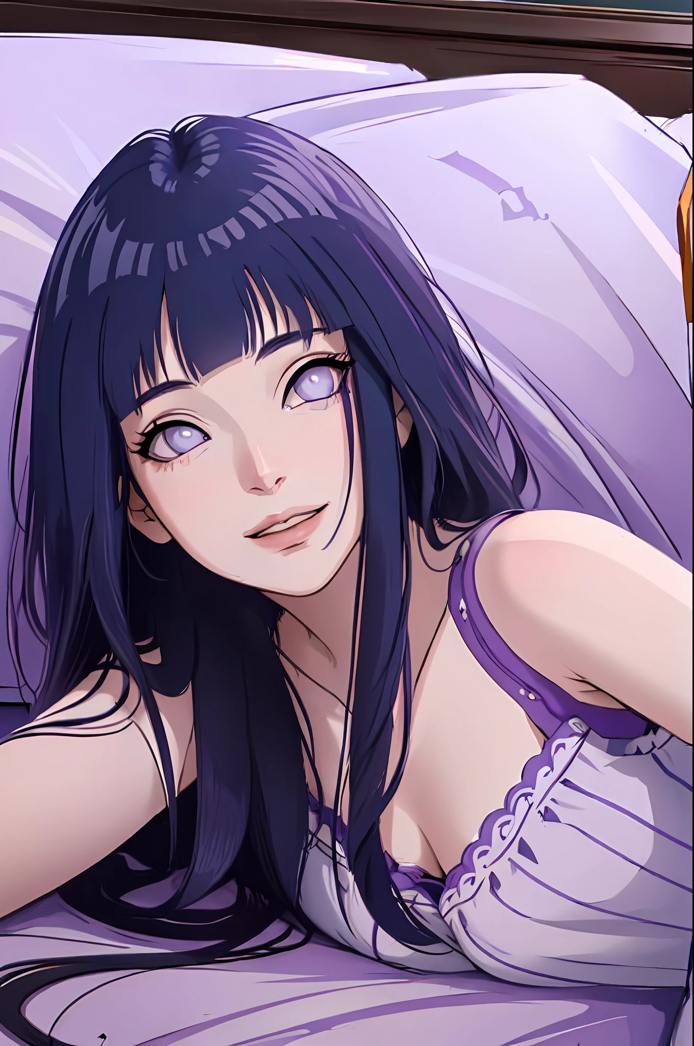 (best quality), bedroom, 1 girl, lying on bed, lying on back, innocent gaze, shining eyes, smile, dark blue hair, long hair, looking at viewers, (((light purple eyes))), detailed lips, blunt bangs