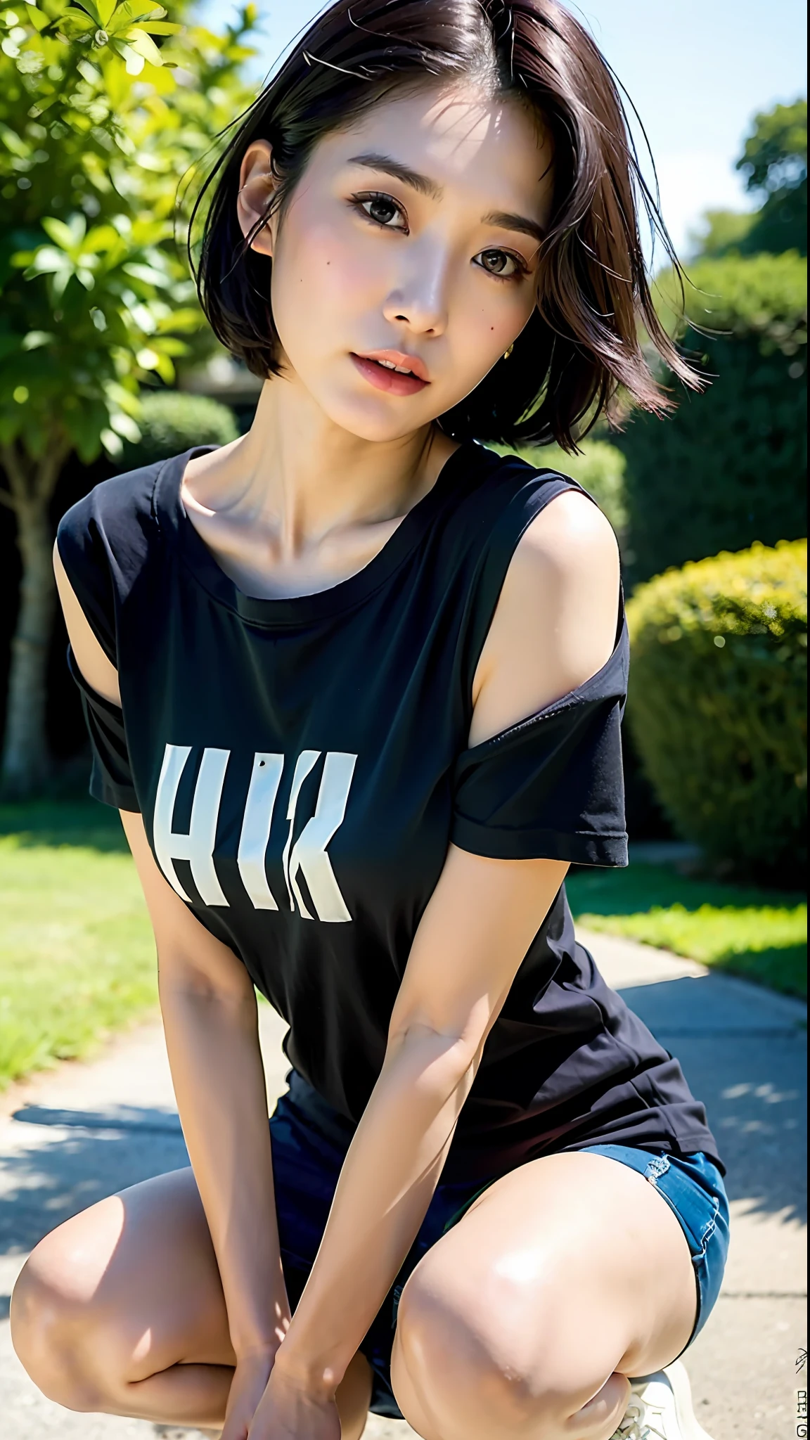 (Best quality, 8k, 32k, Masterpiece, UHD:1.2),Photo of Pretty Japanese woman,black short hair,beauty face,(leaning forward:1.3),squatting,(from above:1.2),(close up:1.4),pov,loose t-shirt,large breasts,(beautiful nipple slip:0.9),outdoors,windy,shiny skin,blurry background,