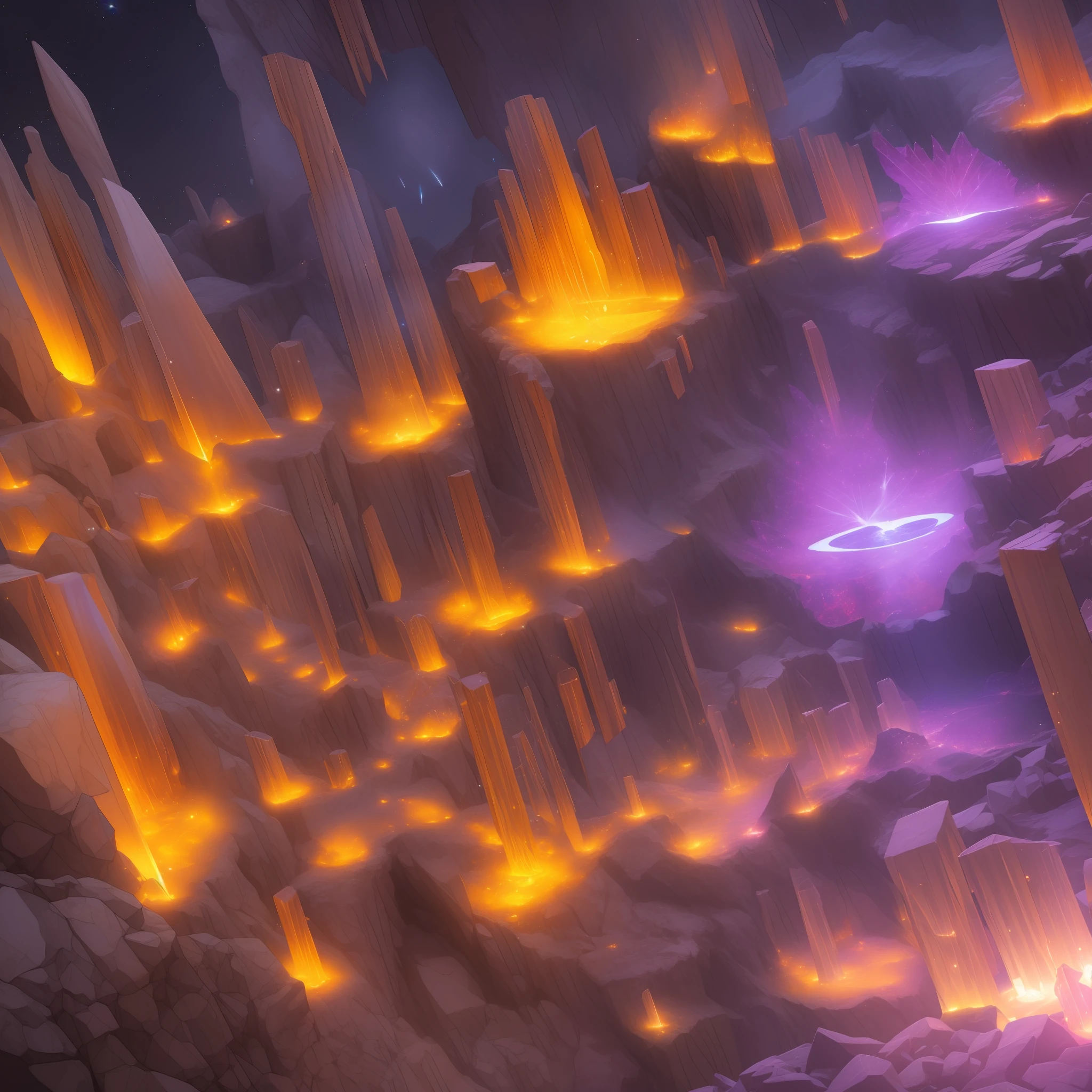 Extensive landscape ultrasound photograph (general view, which shows the secular vault of the cave), (detailed description of the cave), solidified lava (in detail), stalactites (in detail), stalagmites (in detail), as well as helicates (in detail), lake (in detail), mercury on the surface of the lake, reflection of the full moon of shooting stars on the surface of the lake, the burning surface of the lake, elves (1: 3), moths (1: 3), fireflies (1: 3), (ultra-detailed description of appearance), burning crystals (crystals: 1,2), reflection on the surface of mercury, burning stones, mercury, cave BREAK production art, (cold light source:1.2), (Firefly:1.2), lilac, yolet, fire particles, dark, red, yellow and orange, complex details, volumetric lighting, realistic fantasy BREAK (masterpiece:1.2), (best quality), 4k, ultra-detailed, (dynamic composition: 1.4), high detailed, colorful details, (gloomy colors: 1.2), (luminous lighting, atmospheric lighting), gloomy, dark, magical, (solo: 1.2) --auto --s2
