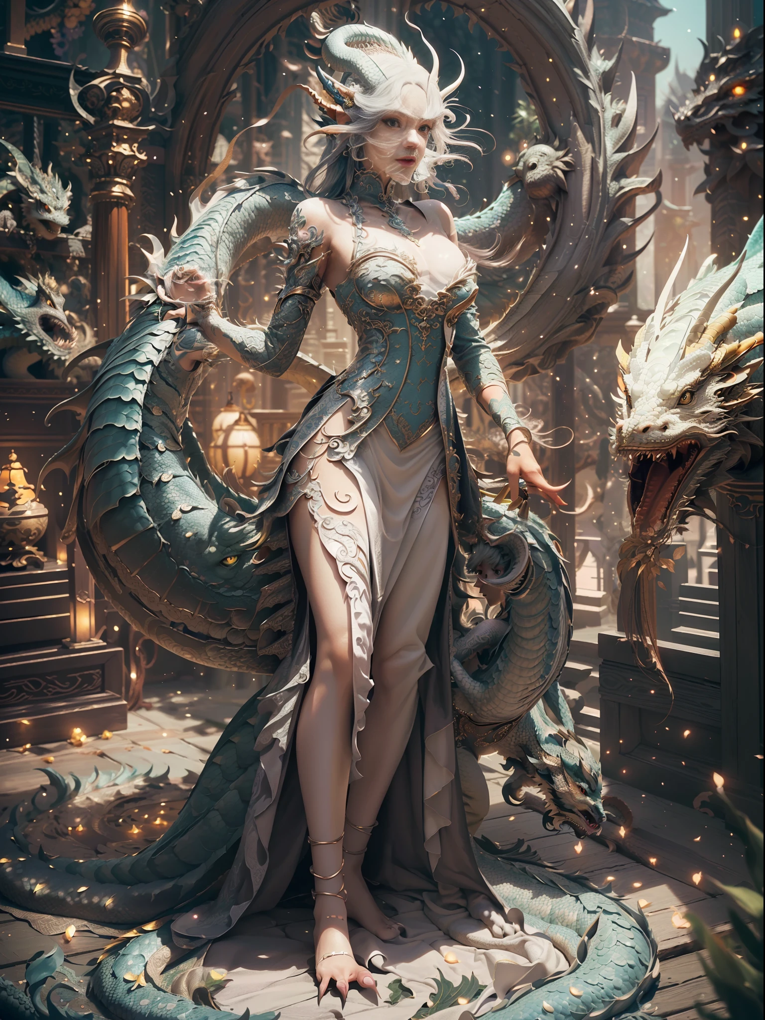 dragon_real,(extremely detailed CG unity 8k wallpaper,masterpiece, best quality, ultra-detailed, beautiful detailed eyes:1.2),best illumination, (best shadow, an extremely delicate and beautiful, bloom),the girl was surrounded by dragons, (1girl:1.4),breasts, solo,full body,Back tattoo,white dress,(color dragon:1.4),Bare leg,long dress,