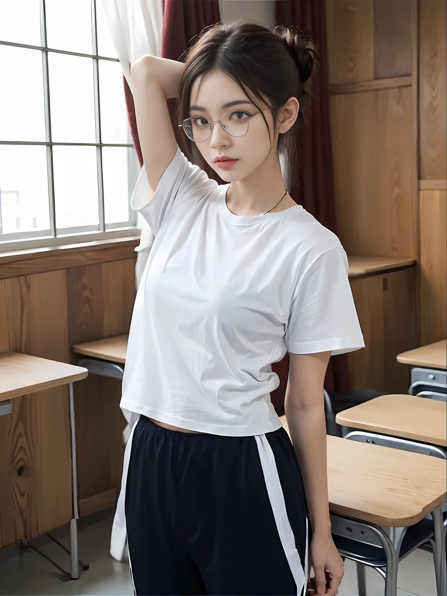 Best Quality, Masterpiece, Ultra High Resolution, 4K, (Realisticity: 1.55), 1 Girl, Short Black Hair, Hair Tied, Light Blue Hairpin, White Skin, Chinese, Young, Thick Eyebrows, Black Eyes, Biting Lips, Black Silk Rim Glasses, Detailed Face, Wearing (Tight White T-shirt, Black Sweatpants) (Narrow Waist: 1.2), Medium, In the Classroom