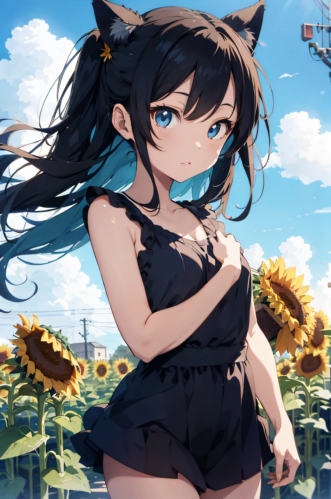 Anime cat eared girl wearing one piece with cat ears, shoulder look, anime drawing by Yang J, pixiv contest winner, serial art, digital anime illustration, kawashi, anime style illustration, anime style 4K, beautiful anime portrait, anime style portrait, anime style artwork, Guweiz style artwork, Anime Illustration, Digital Anime Art, Detailed Digital Anime Art, Beautiful Blue Sky, ((Beautiful Clouds)),(Sunflower Field))